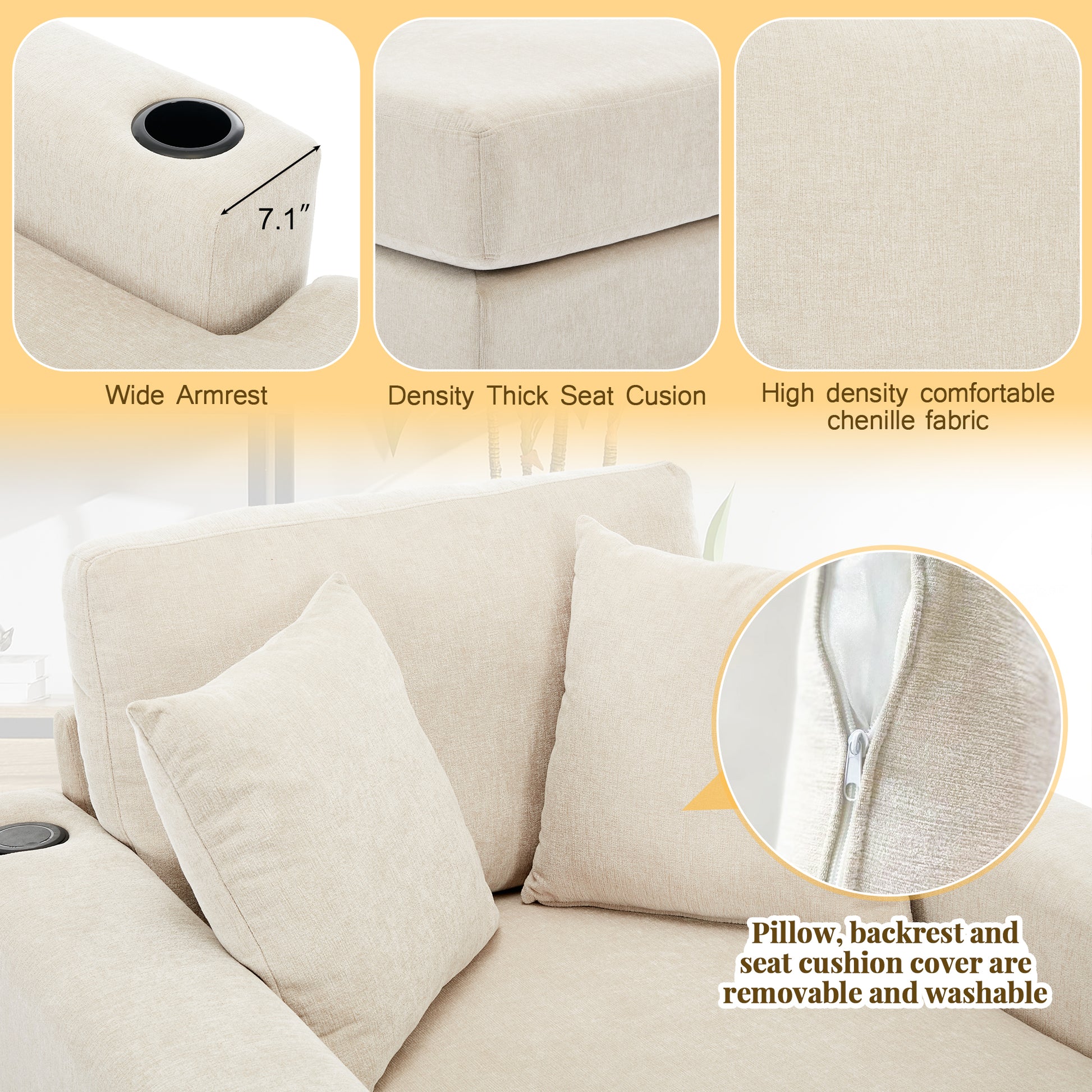 43.5" Oversized Chaise Lounger Modern Style Sofa Couch ,With Pillows, Charge Station & Cup Holders, Chenille Fabric, Cream Cream Chenille