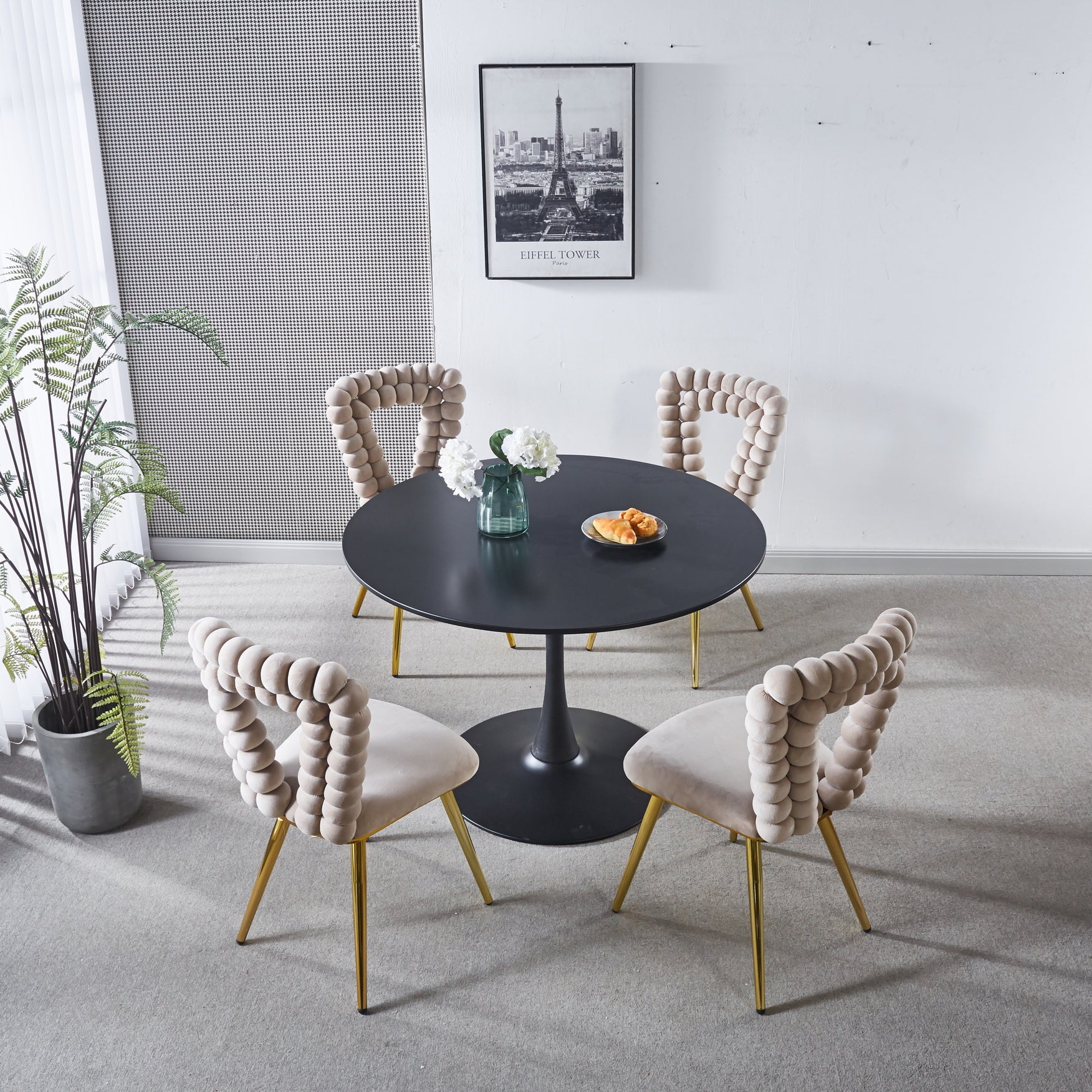 White And Gold Modern Chair Set Of 4 With Iron Tube Legs, Soft Cushions And Comfortable Backrest, Suitable For Dining Room, Living Room, Cafe,Hairball Back White Gold Fabric