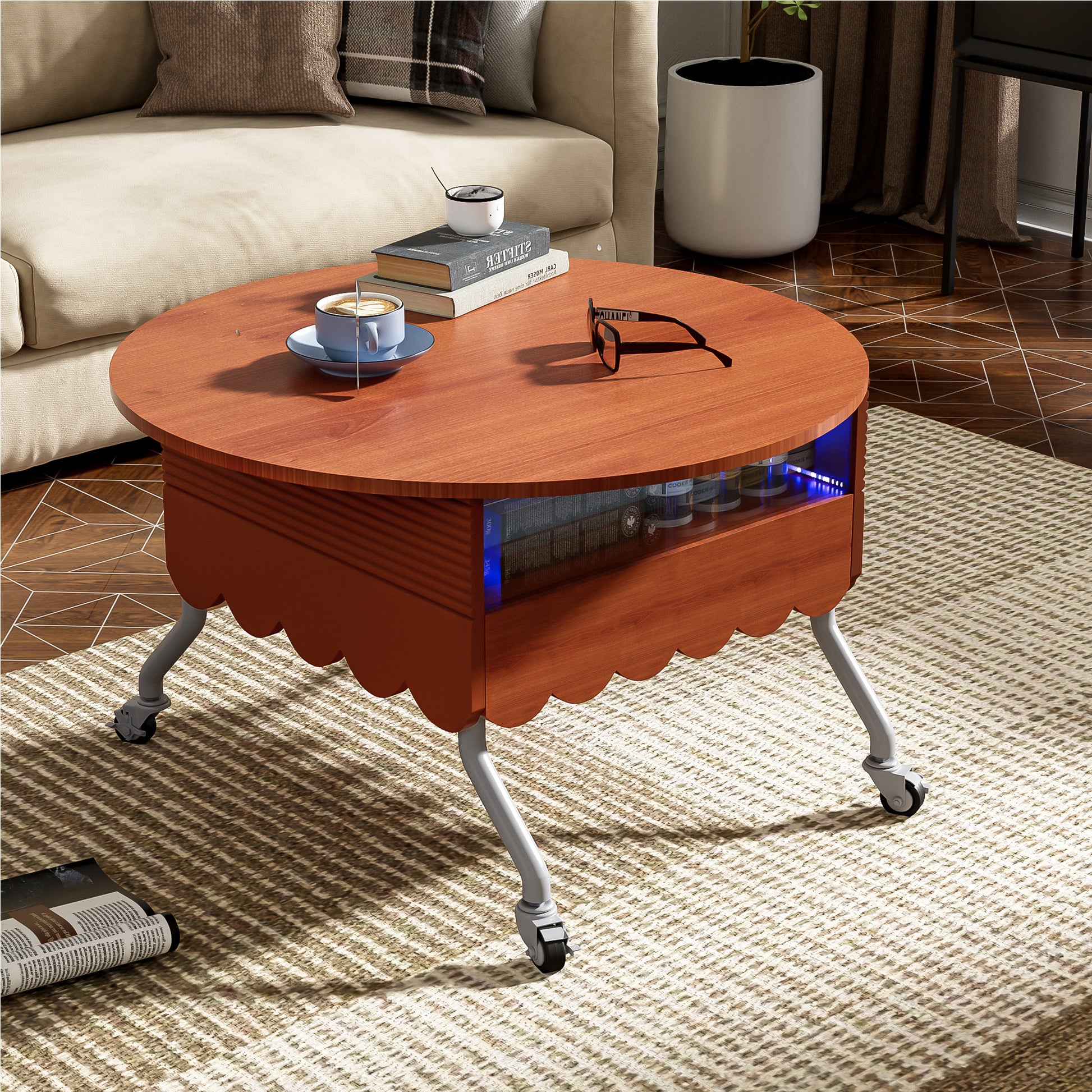 Round Lift Top Coffee Table With Wheels, Metal Frame And Multi Color Lighting In 27.6" Mahogany Glass,Mdf Metal