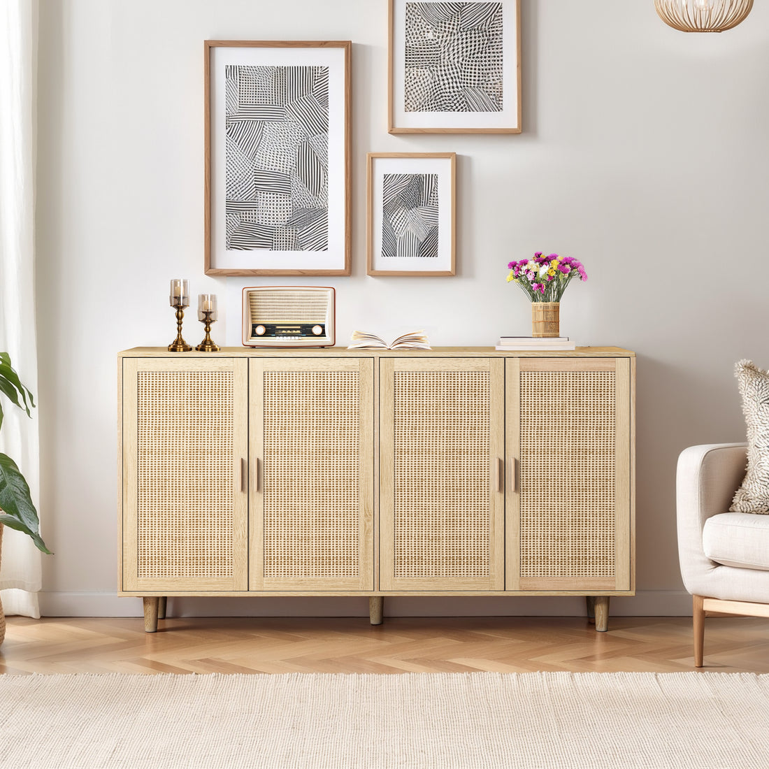 62.20"Elegant And Functional 4 Door Rattan Decorative Storage Cabinet,For Bedroom,Living Room,Office,Easy Assembly Same Sku:W757133282 Natural Particle Board