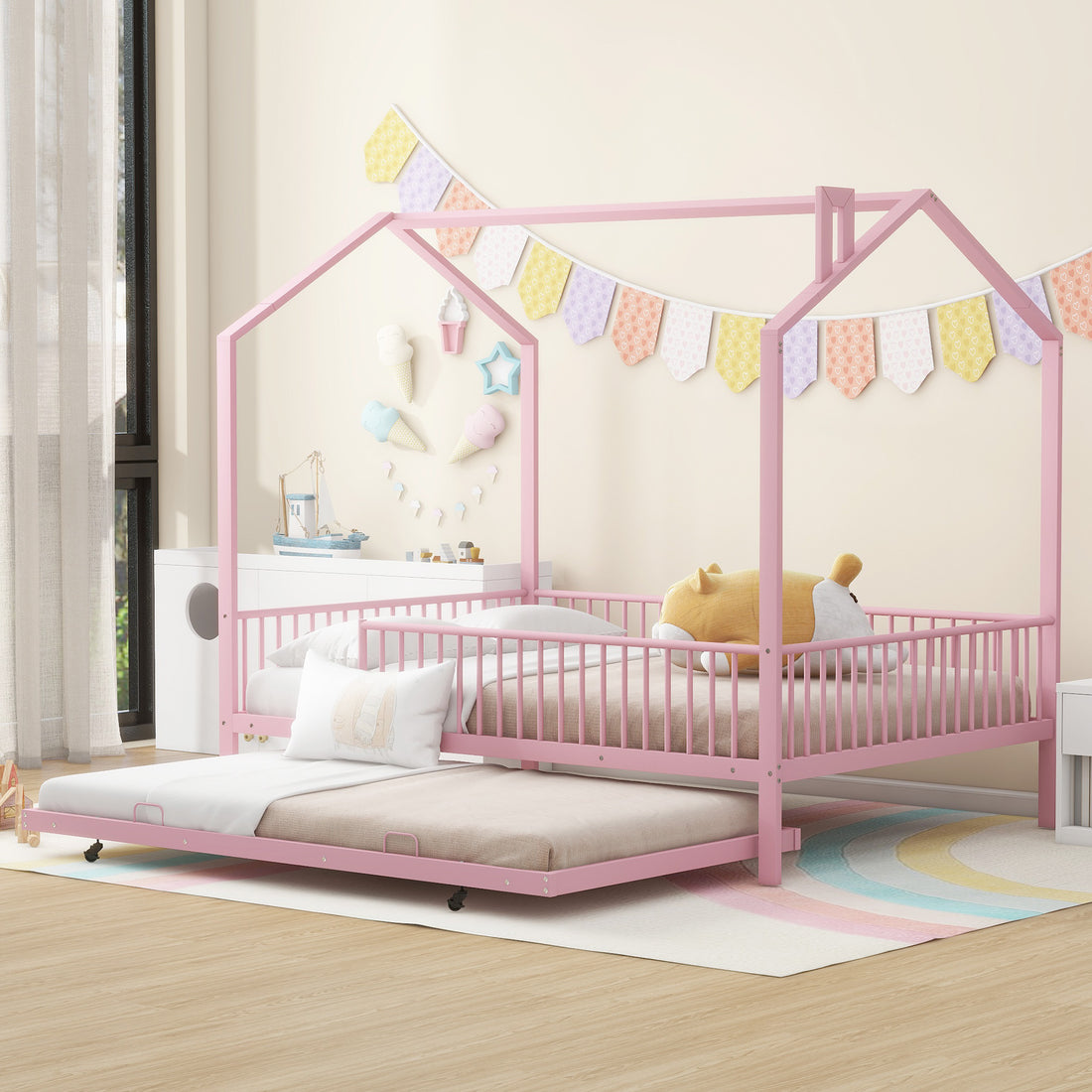 Full Size Metal House Bed With Fence, With Trundle, Pink Full Pink Metal