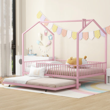 Full Size Metal House Bed With Fence, With Trundle, Pink Full Pink Metal