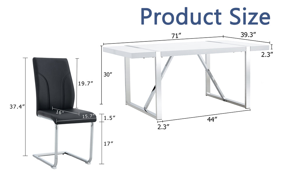 Table And Chair Set.71"X39.3" White Mdf Painting Dining Table Set With 6 Black Pu Chairs.Showcasing A Modern And Stylish Look.Suitable For Dining Room.Mdf Painting,Iron Pipe Plating,Pu Chiairs.