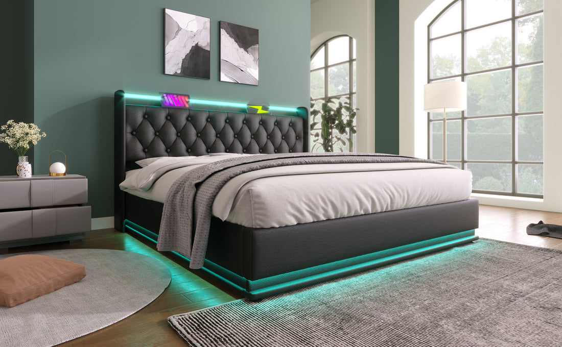 Queen Size Upholstered Bed, 360 Surround Led Function, Buttons Apps Remote Control, Hydraulic Storage Bed With Usb Type C Charging, Black,Pu Without Mattress Queen Black Pu