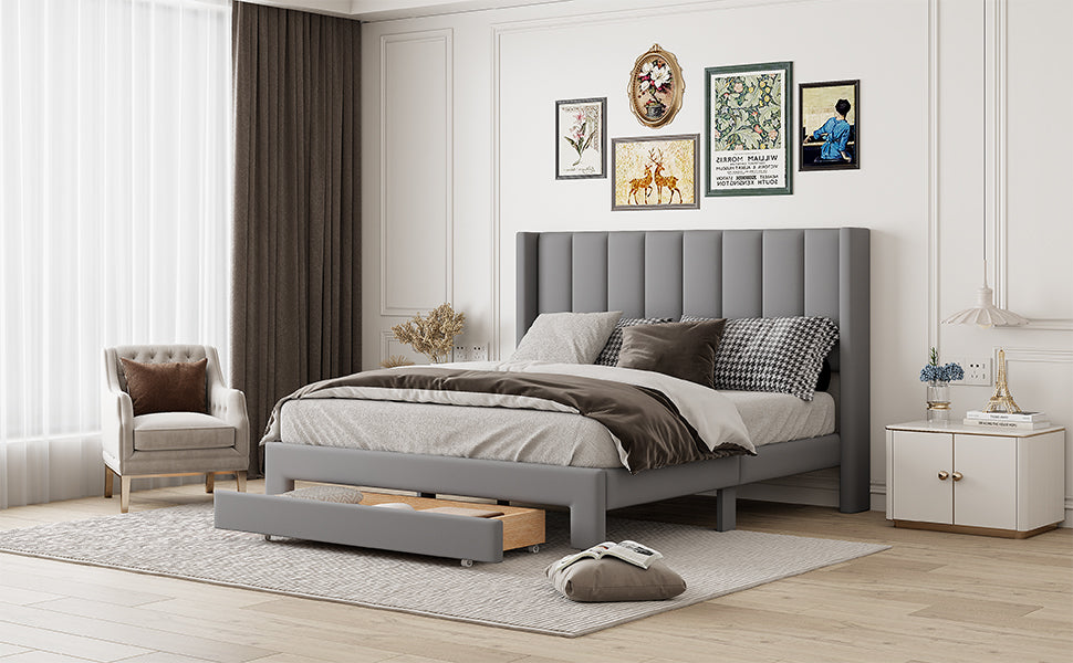 Queen Size Storage Bed Velvet Upholstered Platform Bed With A Big Drawer Gray Old Sku:Wf296854Aae Queen Gray Velvet