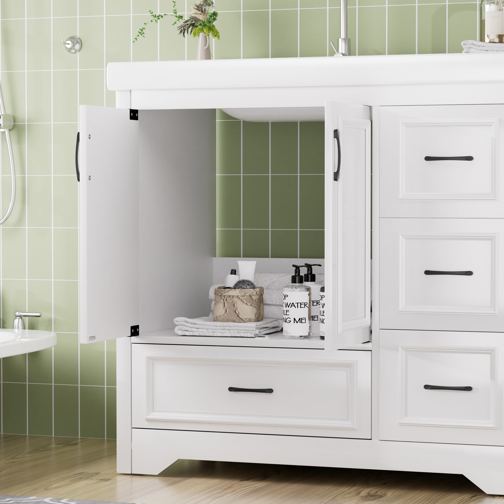 36'' Bathroom Vanities With Single Sink, Modern Under Mount Bathroom Sink Cabinet With 2 Closing Doors & 4 Drawers. White, 35.8''W X 19.7''D X 35.4''H. White Particle Board Mdf