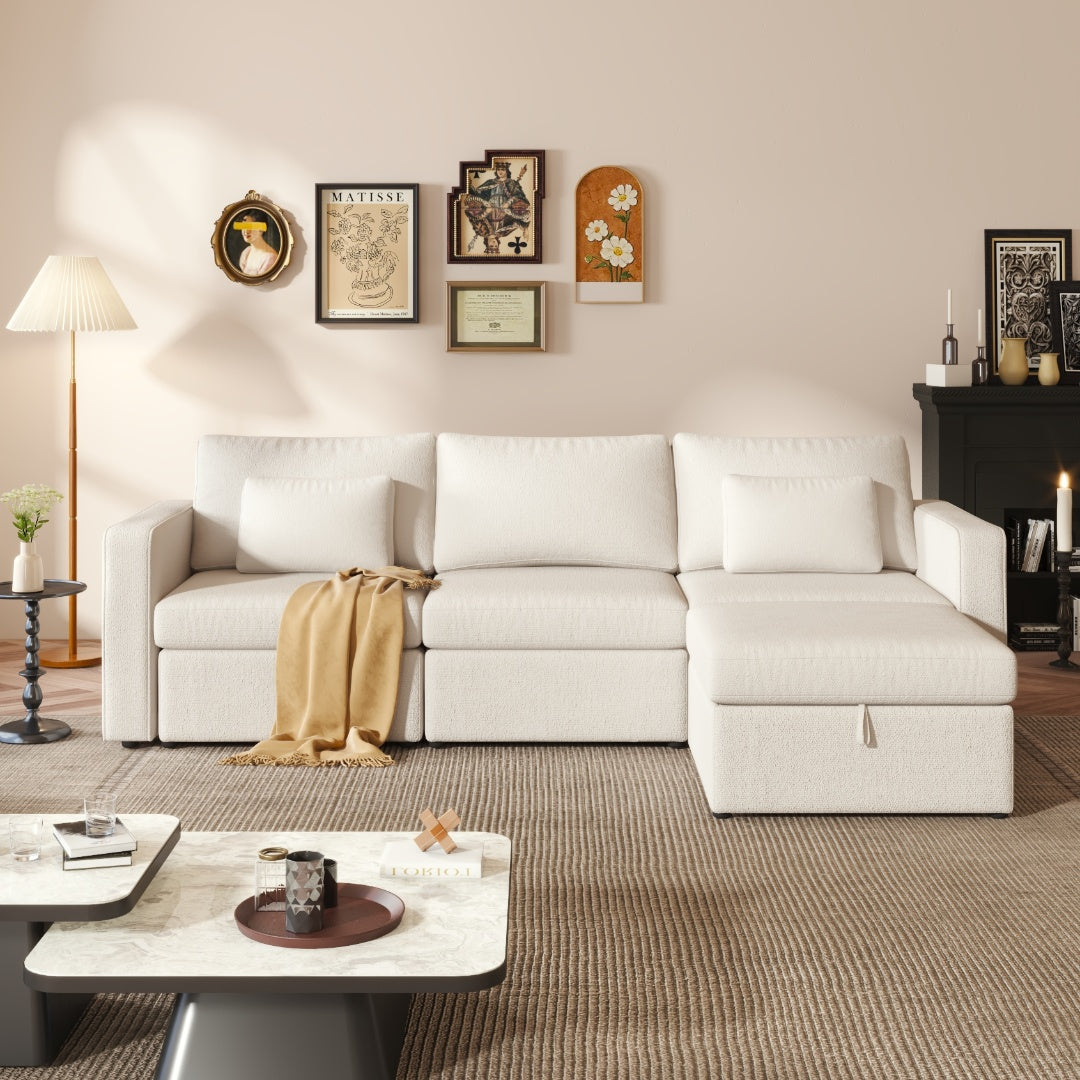 Modern Cotton Linen L Shape Sectional Sofa, Oversized Upholstery Sectional Sofa, Chaise Couch With Storage Ottomans For Living Room Loft Apartment Office White 4 Seats Wood Primary Living Space Medium Duty Pine 4 Seat White Linen Medium Soft Cushion Back