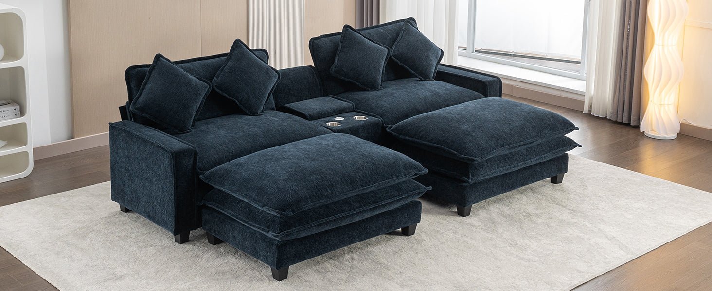 112.6" Sectional Sofa Chenille Upholstered Sofa With Two Removable Ottoman, Two Usb Ports, Two Cup Holders And Large Storage Box For Living Room, Blue Blue Foam Chenille 2 Seat