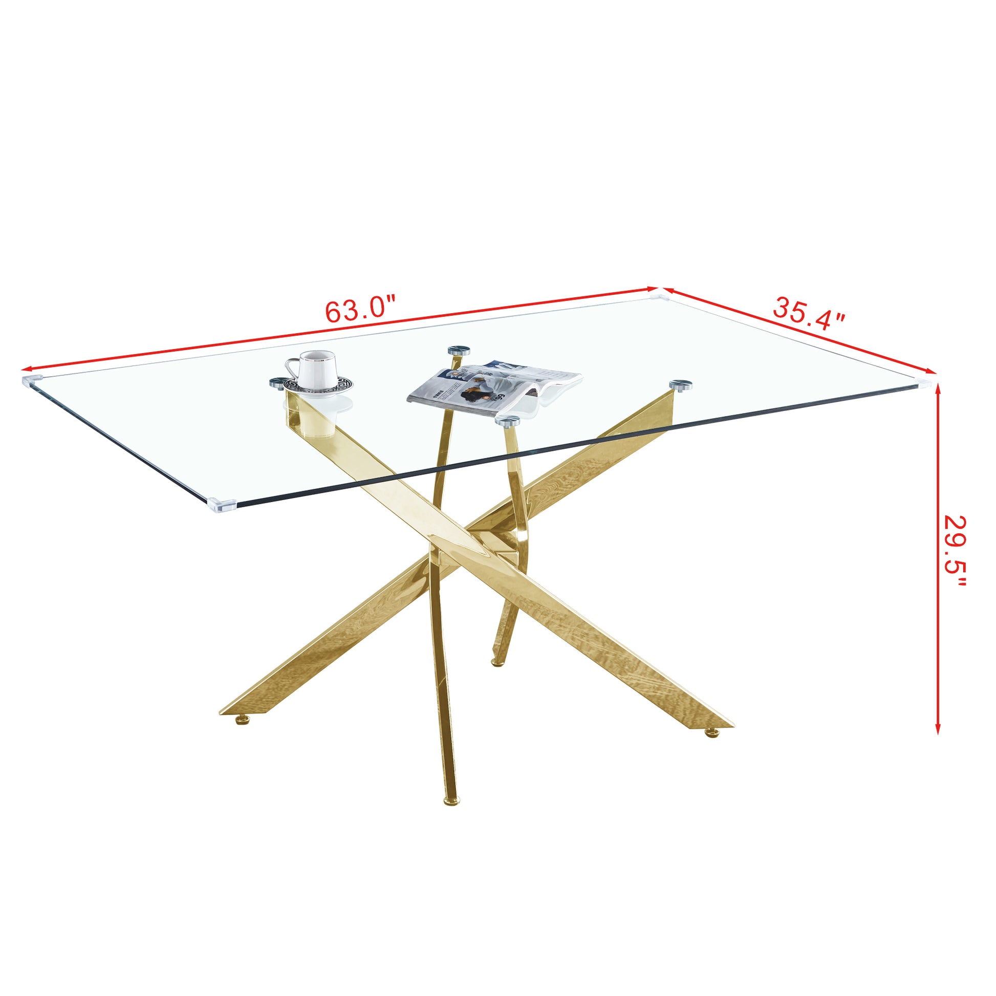 Rectangular Tempered Glass Dining Table, Modern Dining Room Interior Design, For 6 People Gold Glass