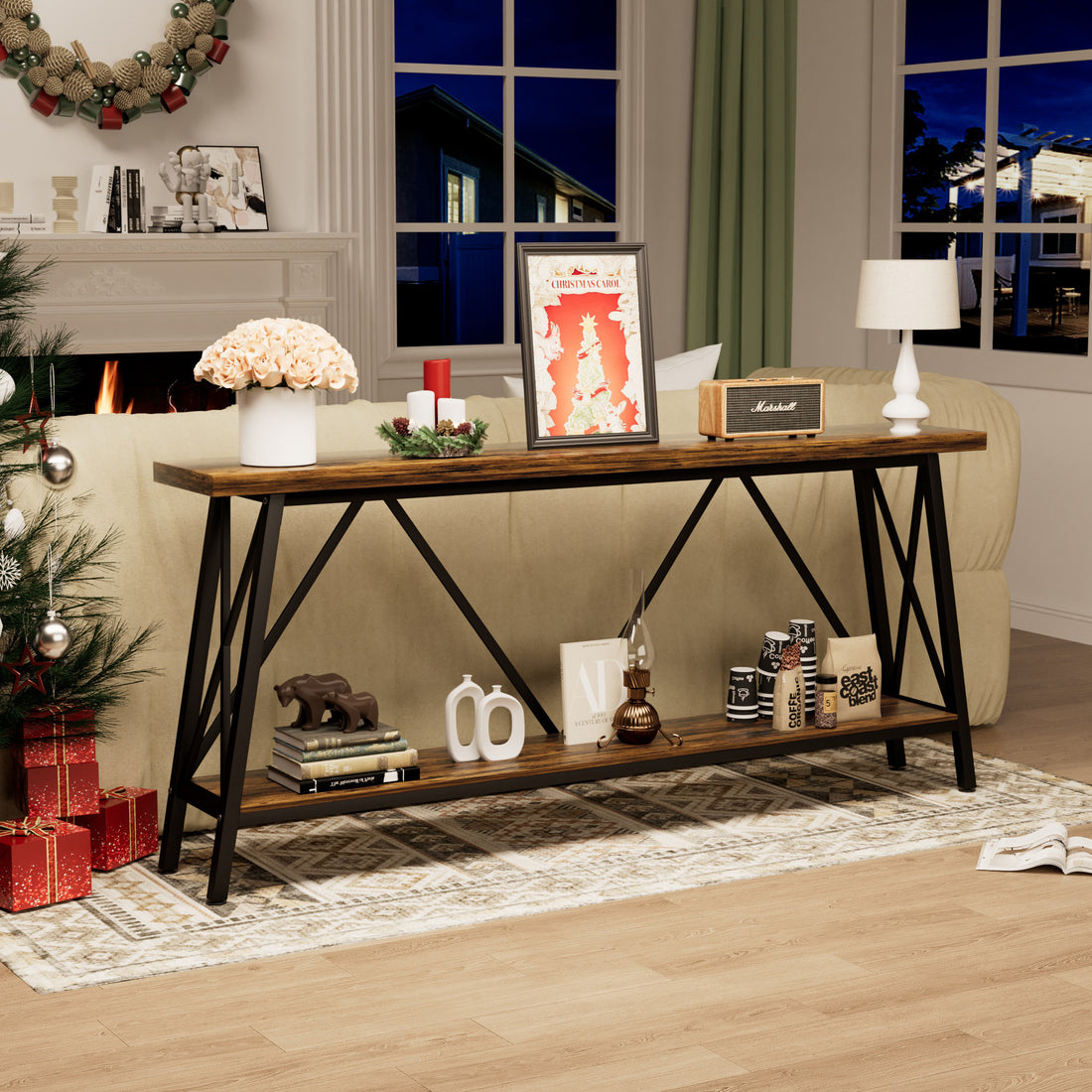 70.9 Inch Extra Long Sofa Table, Console Behind Sofa, Entryway Table With 2 Tier Storage Shelves For Hallways,Living Rooms,Foyers,Entryways,Banquet Rooms,Rustic Brown And Black, 70.9 L X 11.8"W X