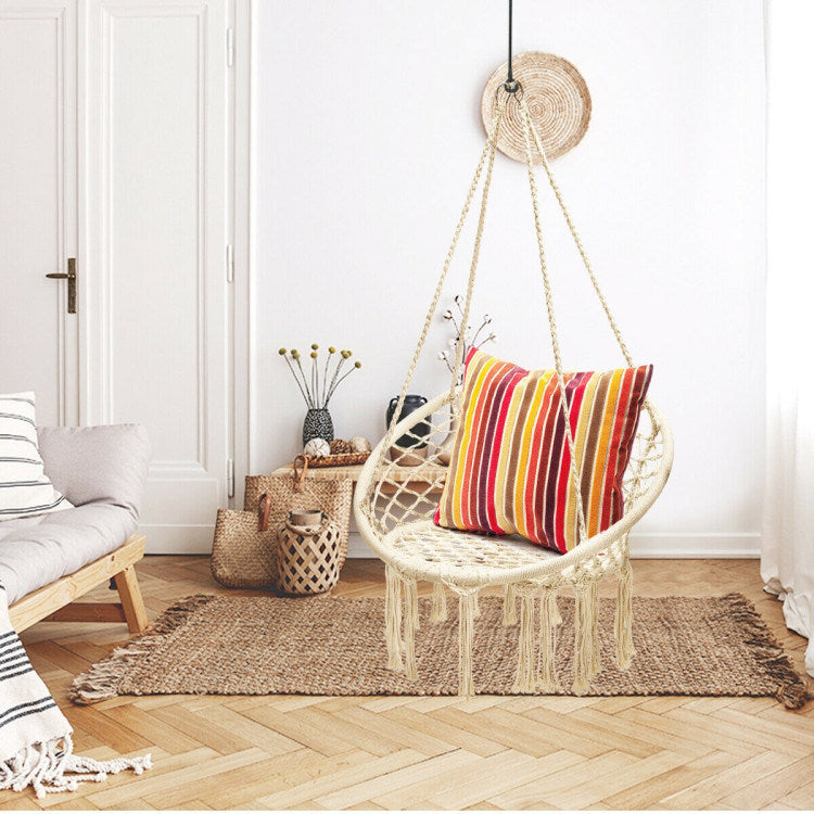 Hanging Macrame Hammock Chair With Handwoven Cotton Backrest Natural Cotton