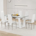 Table And Chair Set.A Rectangular Dining Table Features With Tempered Glass Top And Sleek White Mdf Stand.Paried With 6 Pu Chairs With Checkered Armless High Back And Electroplated Metal Legs. White Seats 6 Mdf Glass