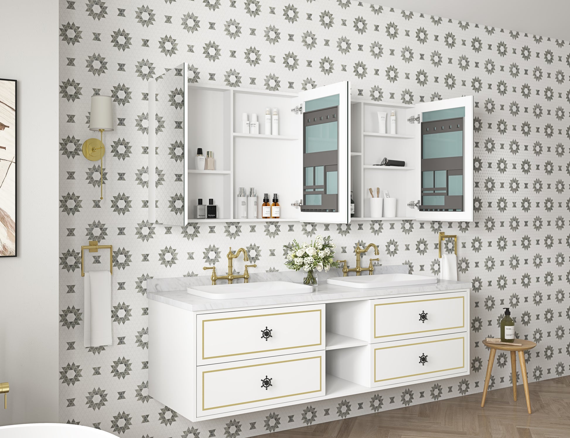 72'' W X 30'' H Surface Frameless Mirror Medicine Cabinet, Beveled Mirror Edges Bathroom Medicine Cabinet White Engineered Wood