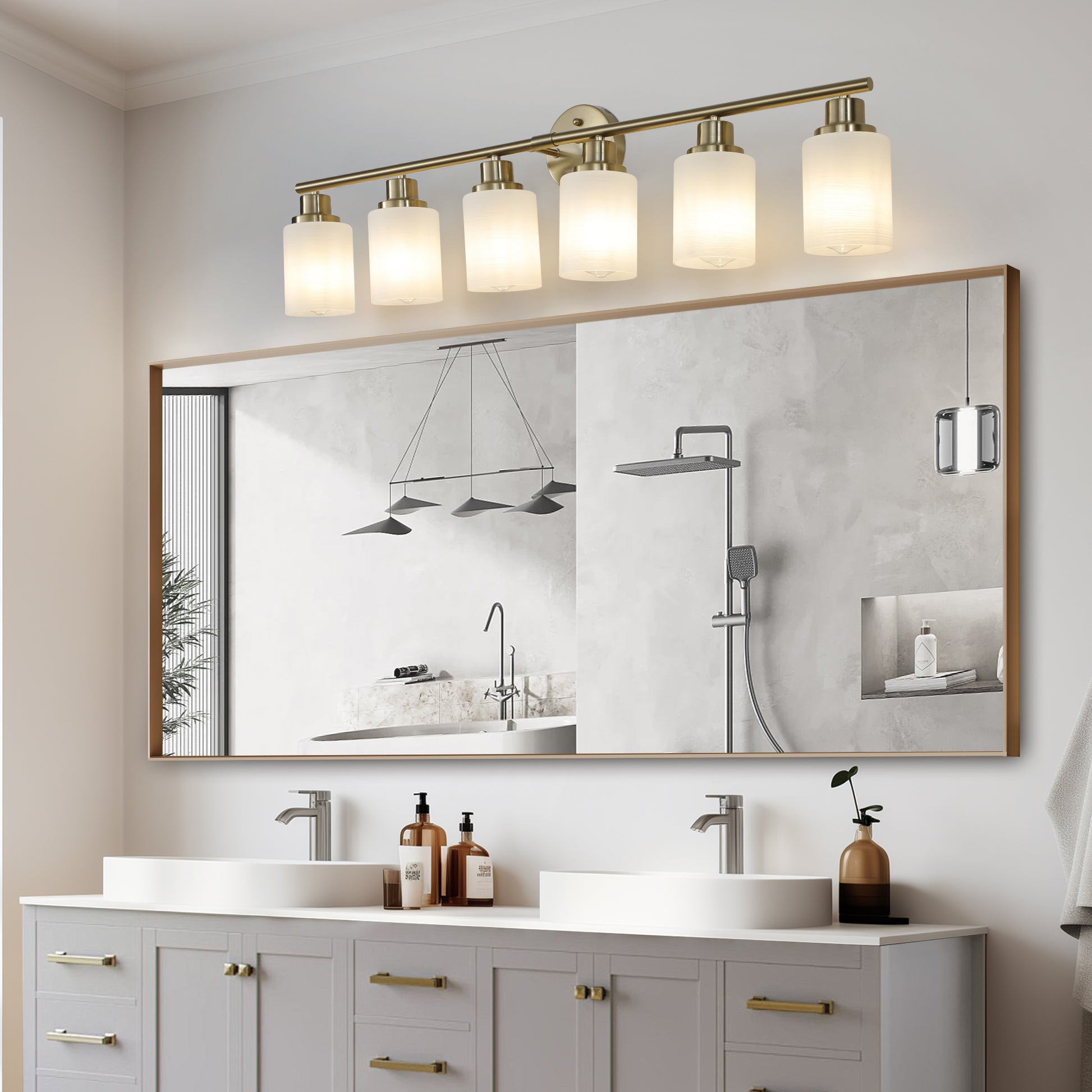 6 Light Golden Bathroom Vanity Light Fixture, Frosted Glass Shades, Modern Wall Mounted Lighting No Bulbs Golden Glass,Iron