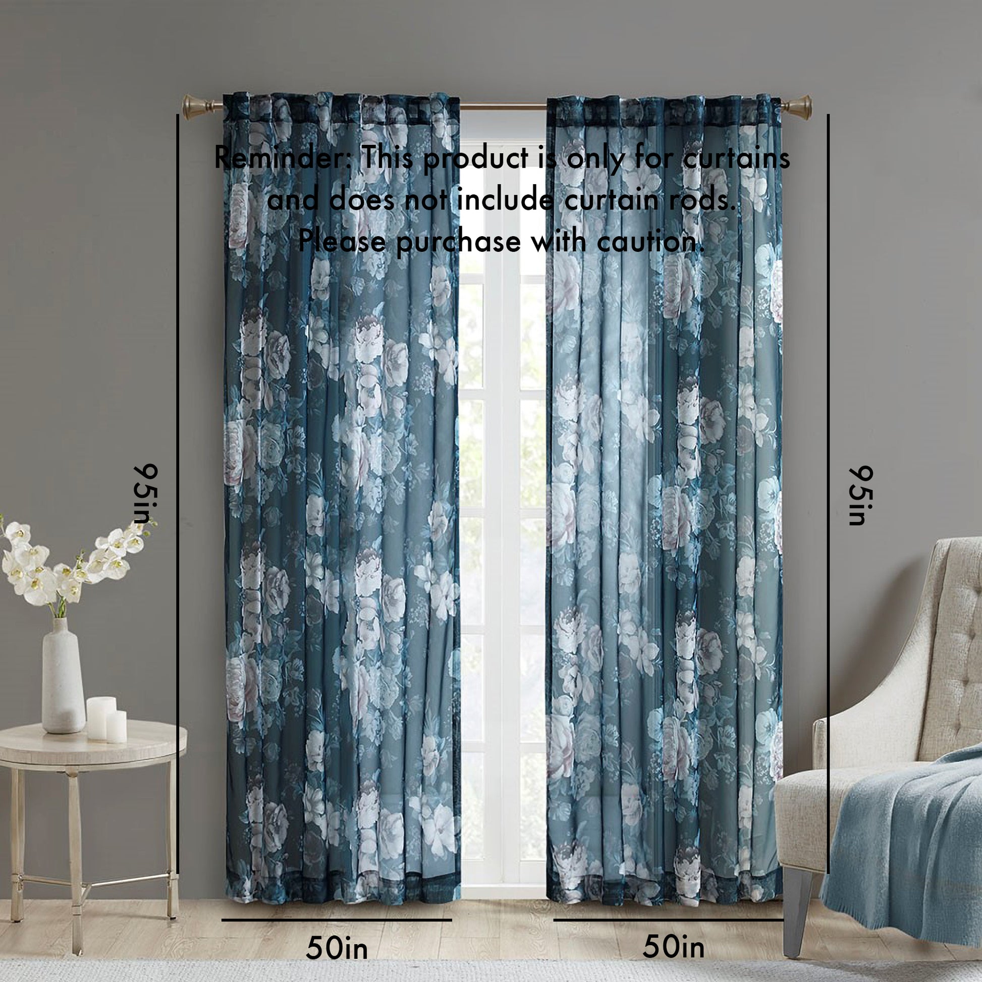 Printed Floral Rod Pocket And Back Tab Voile Sheer Curtain Navy Polyester