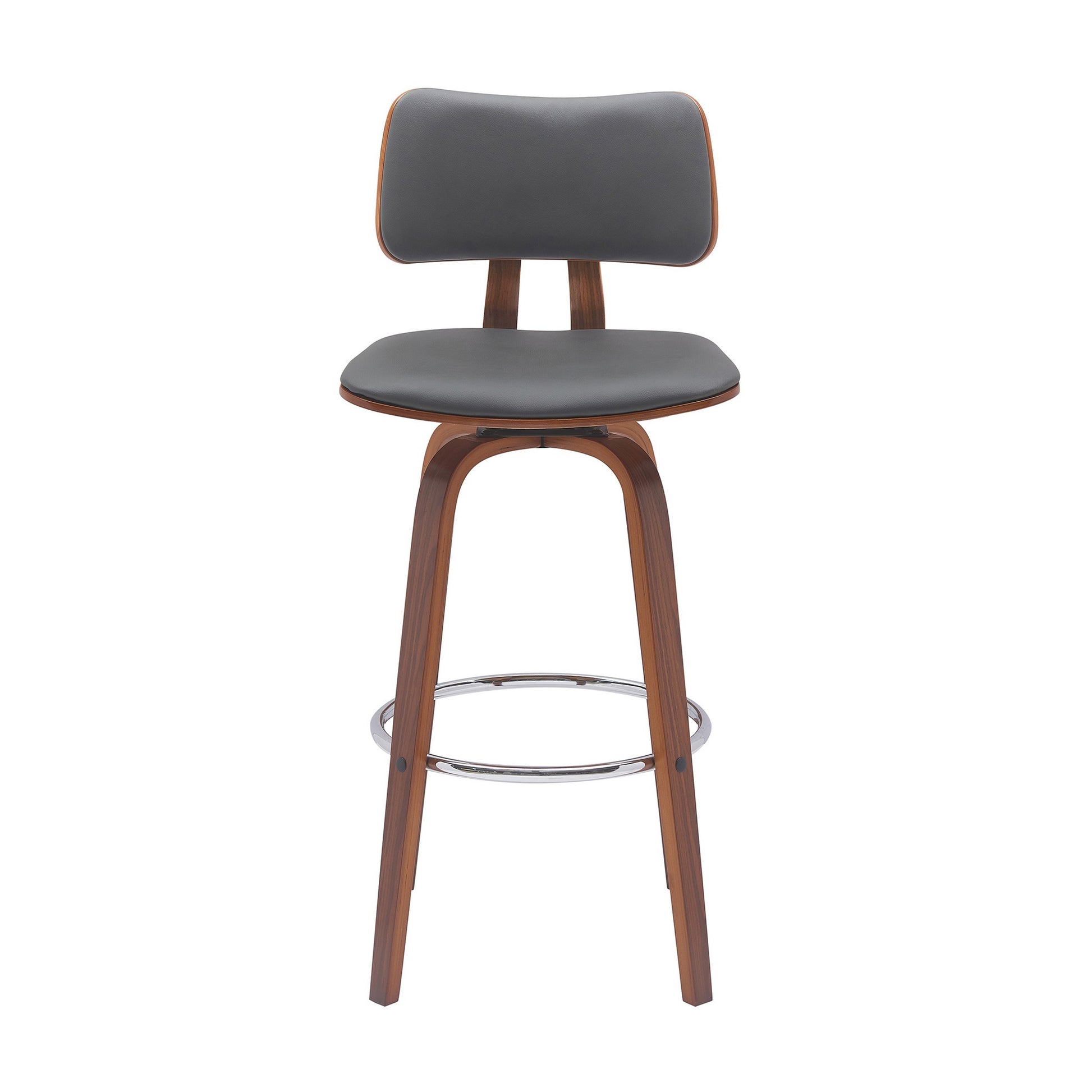 Pino 30 Inch Swivel Barstool Chair, Gray Faux Leather, Walnut Brown Wood Grey Brown Wood