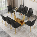 Table And Chair Set.Modern Rectangular Dining Table With Transparent Tempered Glass Tabletop And Gold Plated Metal Legs.Paried With 8 Comfortable Chairs With Pu Seats And Golden Metal Legs. Black Gold,Transparent Seats 8 Glass Metal