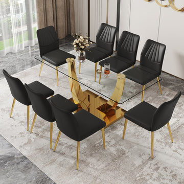 Table And Chair Set.Modern Rectangular Dining Table With Transparent Tempered Glass Tabletop And Gold Plated Metal Legs.Paried With 8 Comfortable Chairs With Pu Seats And Golden Metal Legs. Black Gold,Transparent Seats 8 Glass Metal