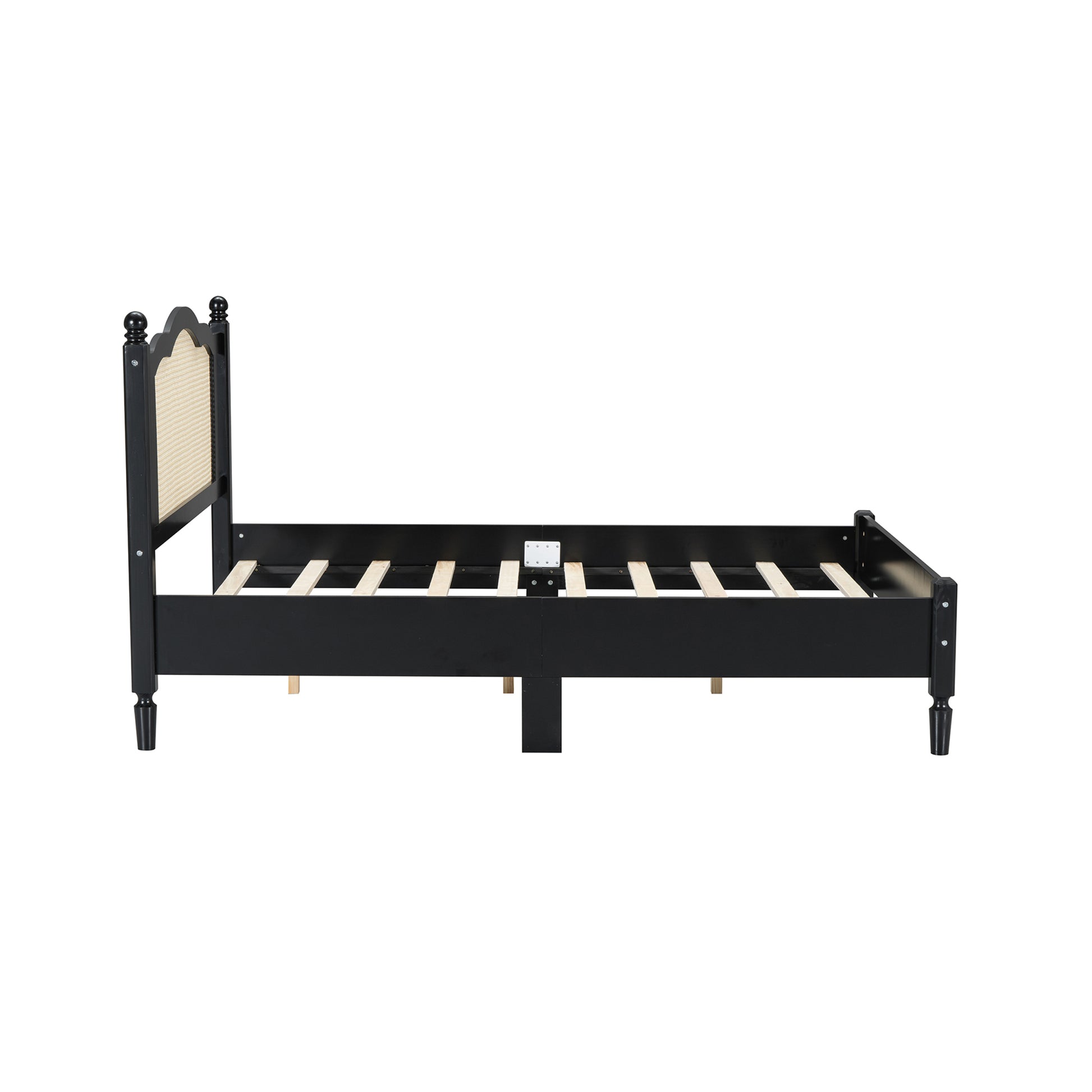 Full Size Wooden Platform Bed With Natural Rattan Headboard, Vintage Bed Frame With Wooden Slat Support, Black Expected Arrival Time: 08.23 Box Spring Not Required Full Black Wood