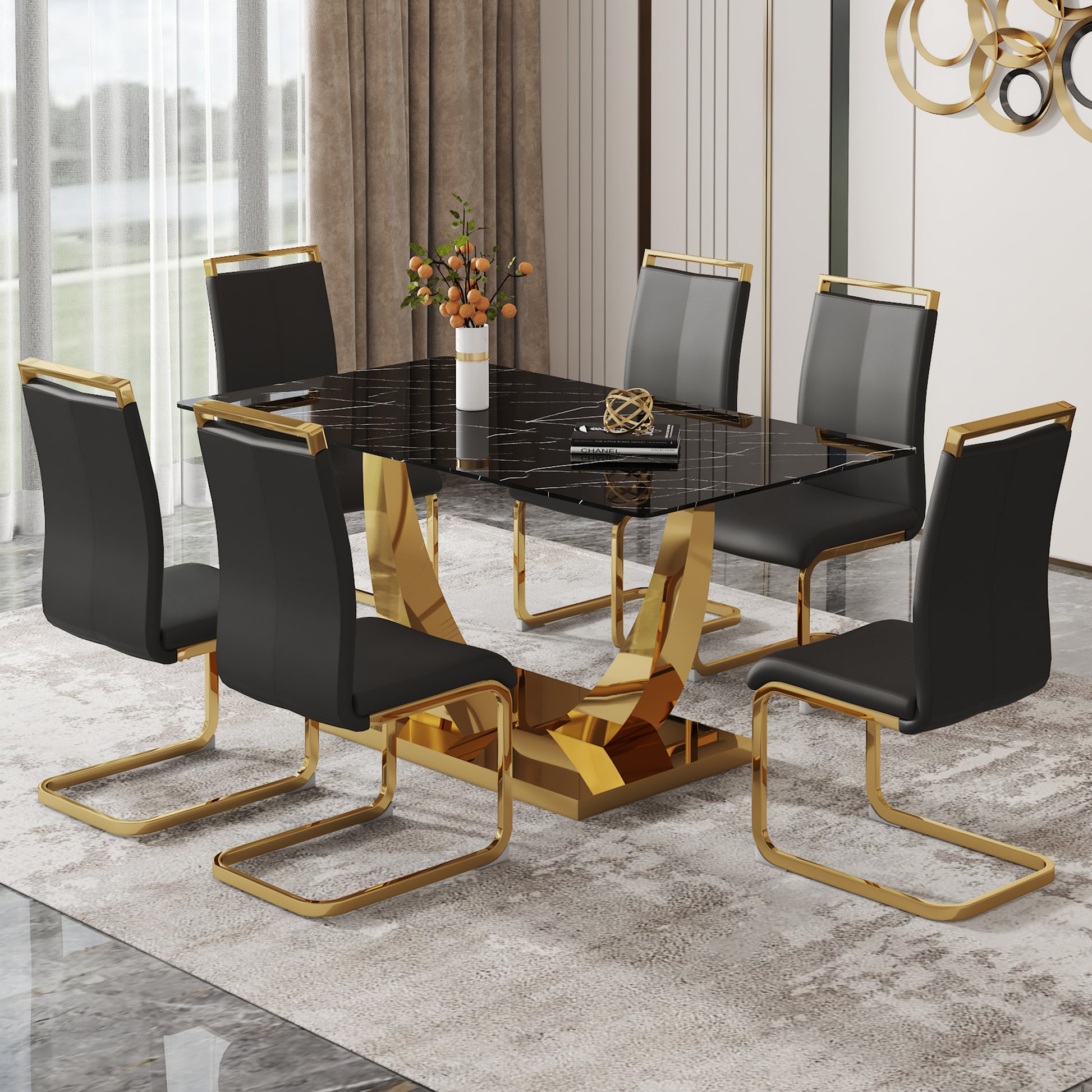 Table And Chair Set.Modern Rectangular Dining Table With Black Textured Stickers Glass Tabletop And Gold Plated Metal Legs.Paried With 6 Comfortable Chairs With Pu Seats And Golden Metal Legs. Black Gold Seats 6 Glass Metal