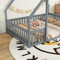 Full Wood House Shaped Floor Bed With Fence, Guardrails,Grey Full Grey American Design Pine