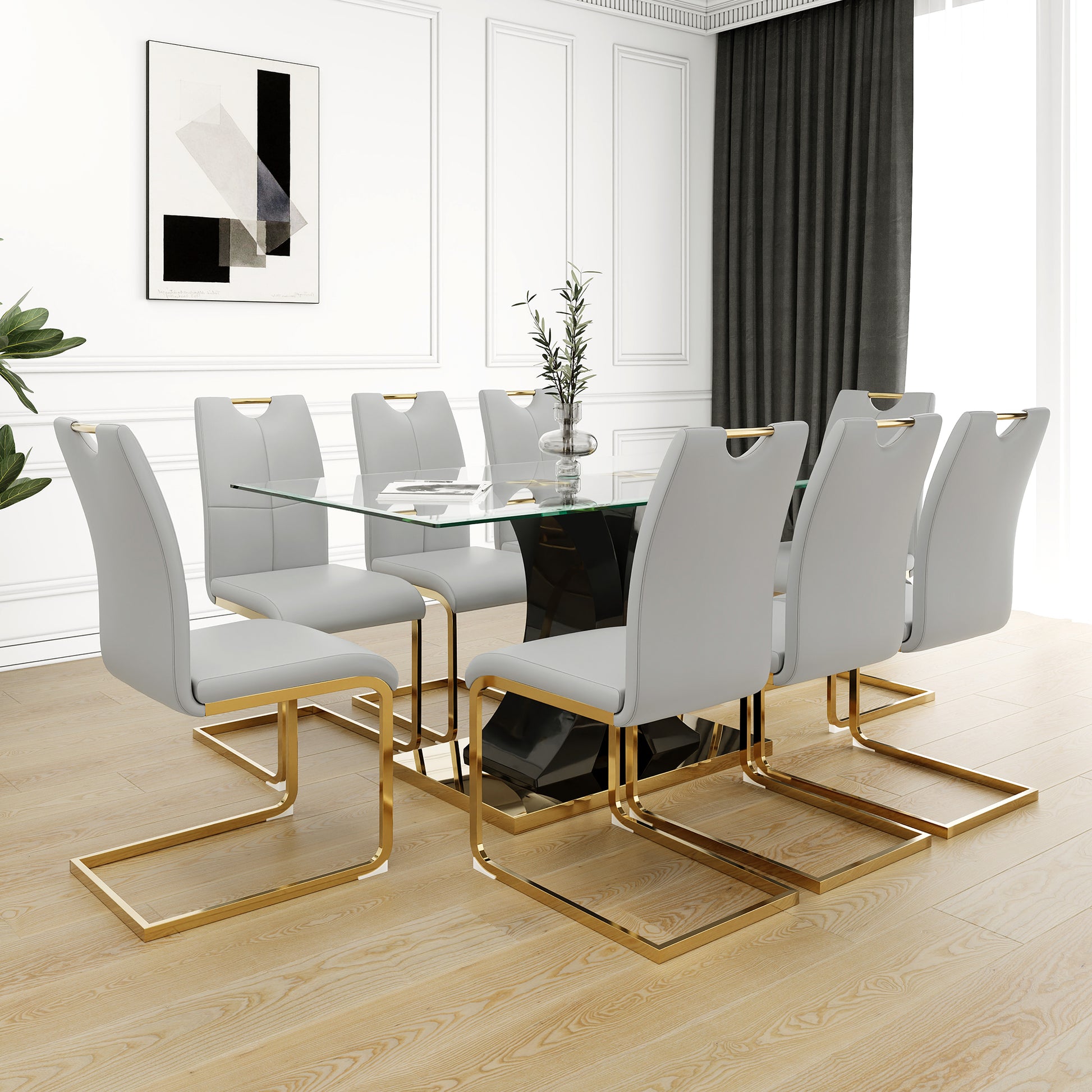 Modern Style Glass Dining Table, Elegant Transparent Design, Solid Support Base, Grey Dining Chair Set, Gold Plated Chair Legs, Suitable For Restaurant Kitchen Use Set Of 9 Grey Glass