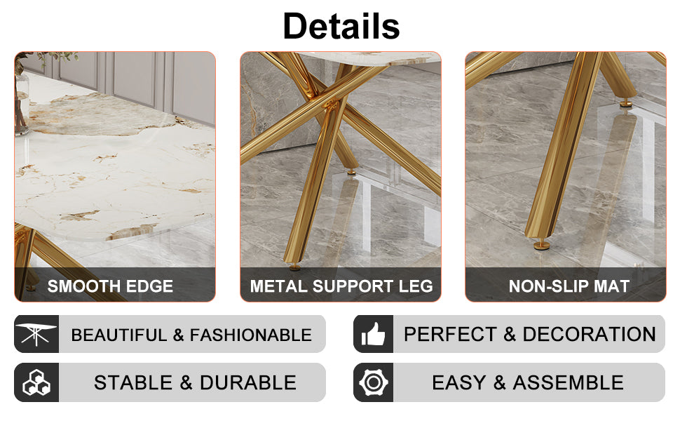 Large Modern Minimalist Rectangular Dining Table With 0.39 "Imitation Marble Tabletop And Golden Metal Legs, Suitable For Kitchen, Dining Room, Living Room, Conference Room, W1151S00987 Gold Glass Metal