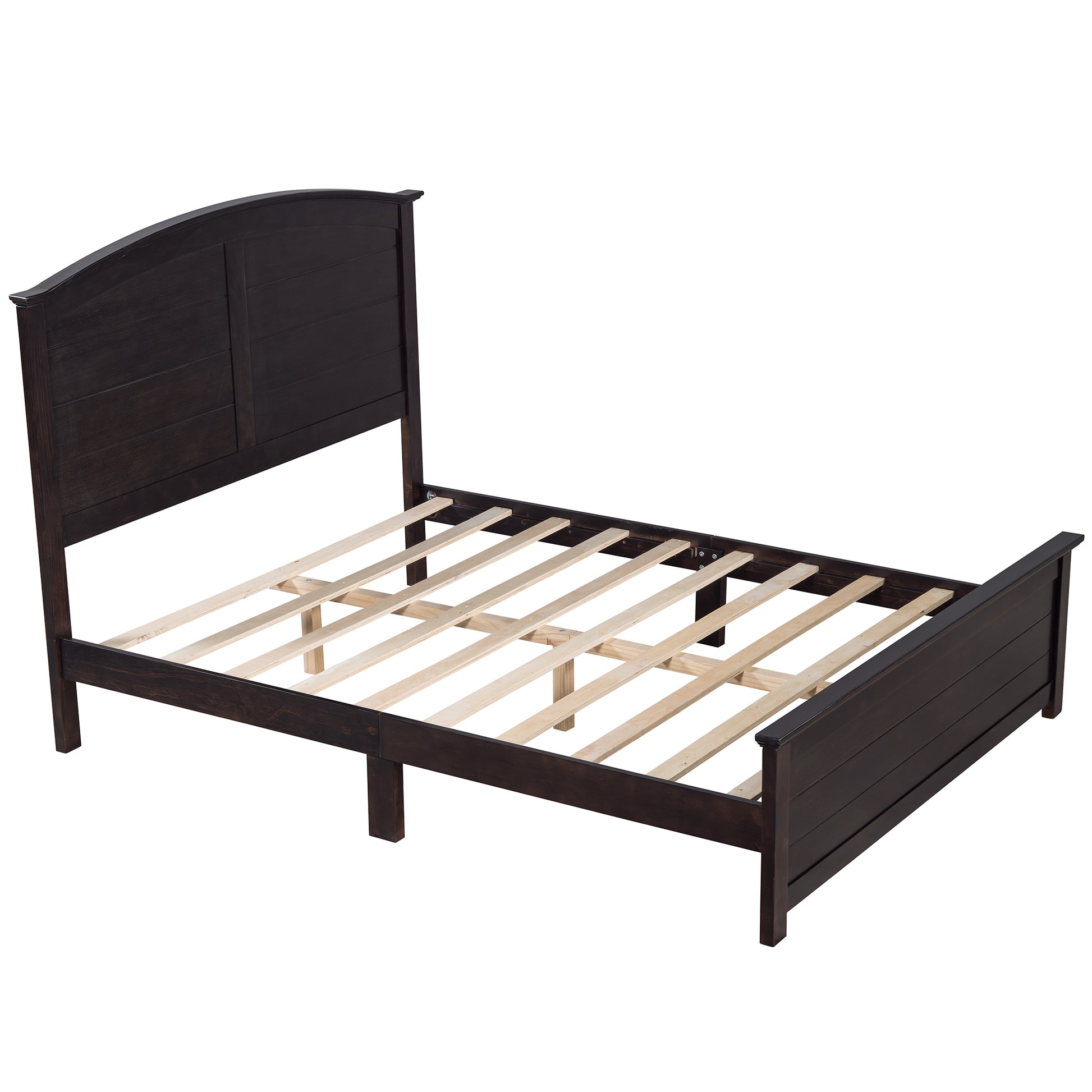 Farmhouse Wooden Platform Queen Size Bed With Curl Design Headboard And Footboard For Teenager, Espresso Queen Espresso Pine