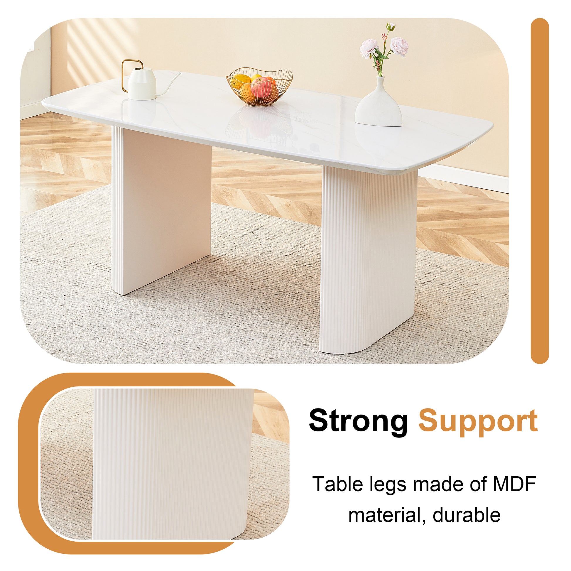Cream Style Mdf White Dining Table.It Is A Furniture With A Warm And Soft Appearance, Suitable For Creating A Comfortable And Friendly Dining Environment, Suitable For Kitchens, Dining Rooms,Etc. White Mdf