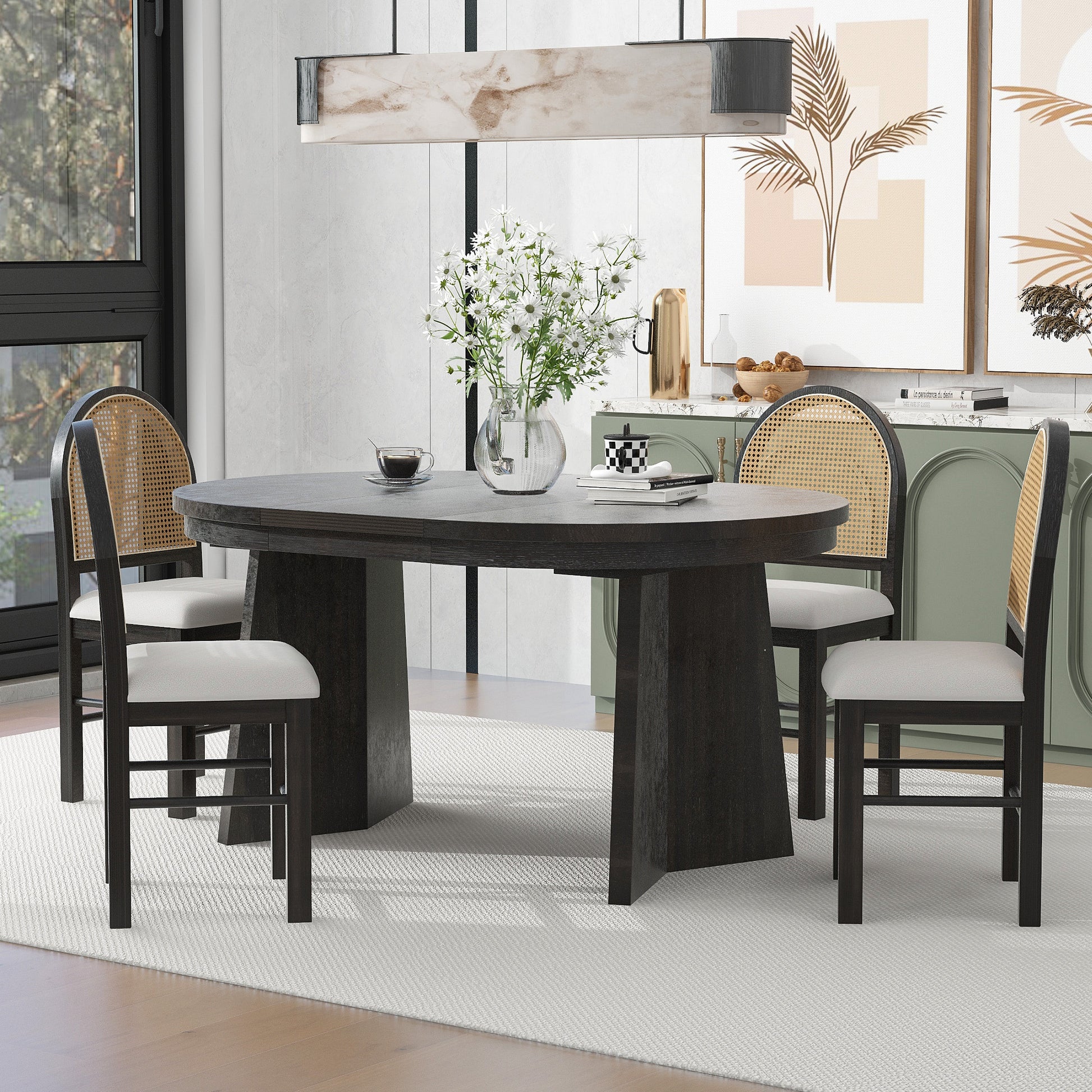 5 Piece Retro Functional Dining Set With 1 Extendable Dining Table And 4 Upholstered Chairs With Rattan Backrests For Dining Room And Kitchen Espresso Espresso Solid Wood Mdf