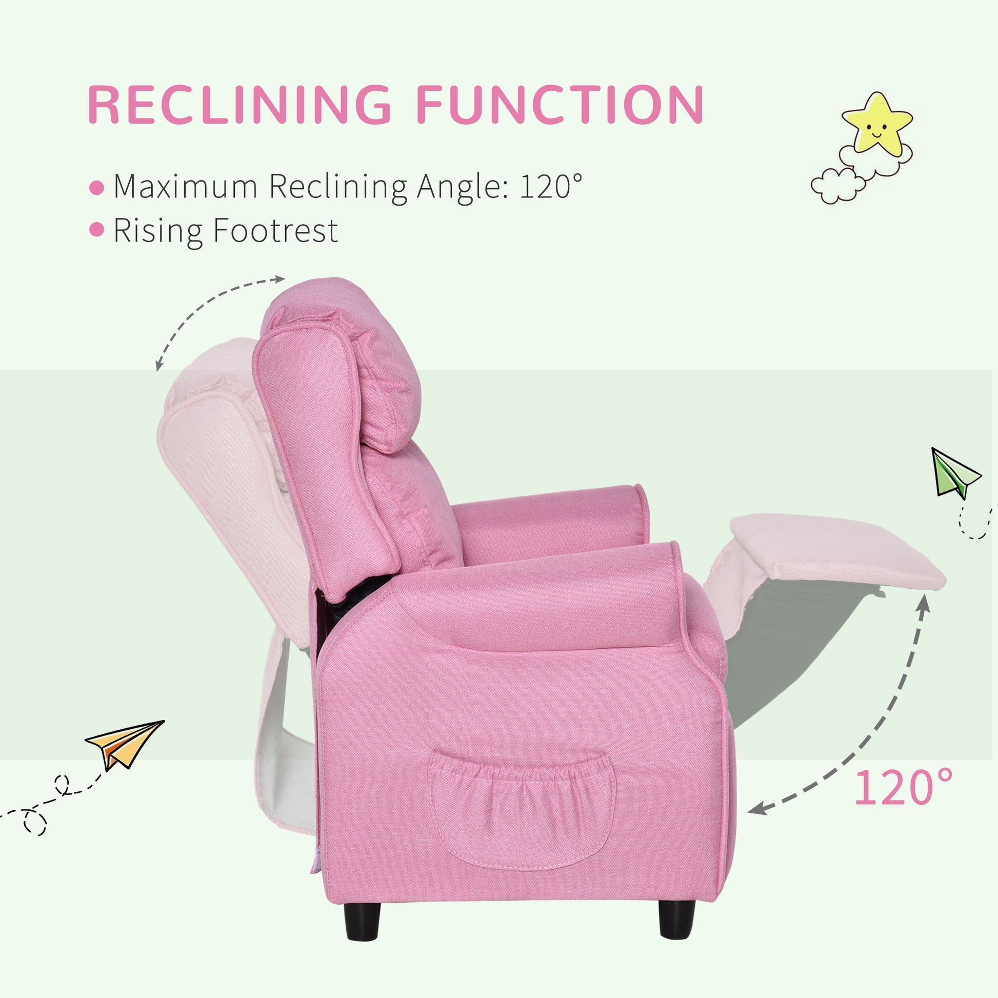 Qaba Kids Recliner Chair Children Sofa Angle Adjustable Single Lounger Armchair Gaming Chair With Footrest 2 Side Pockets For 3 5 Years, Light Pink Pink Wood