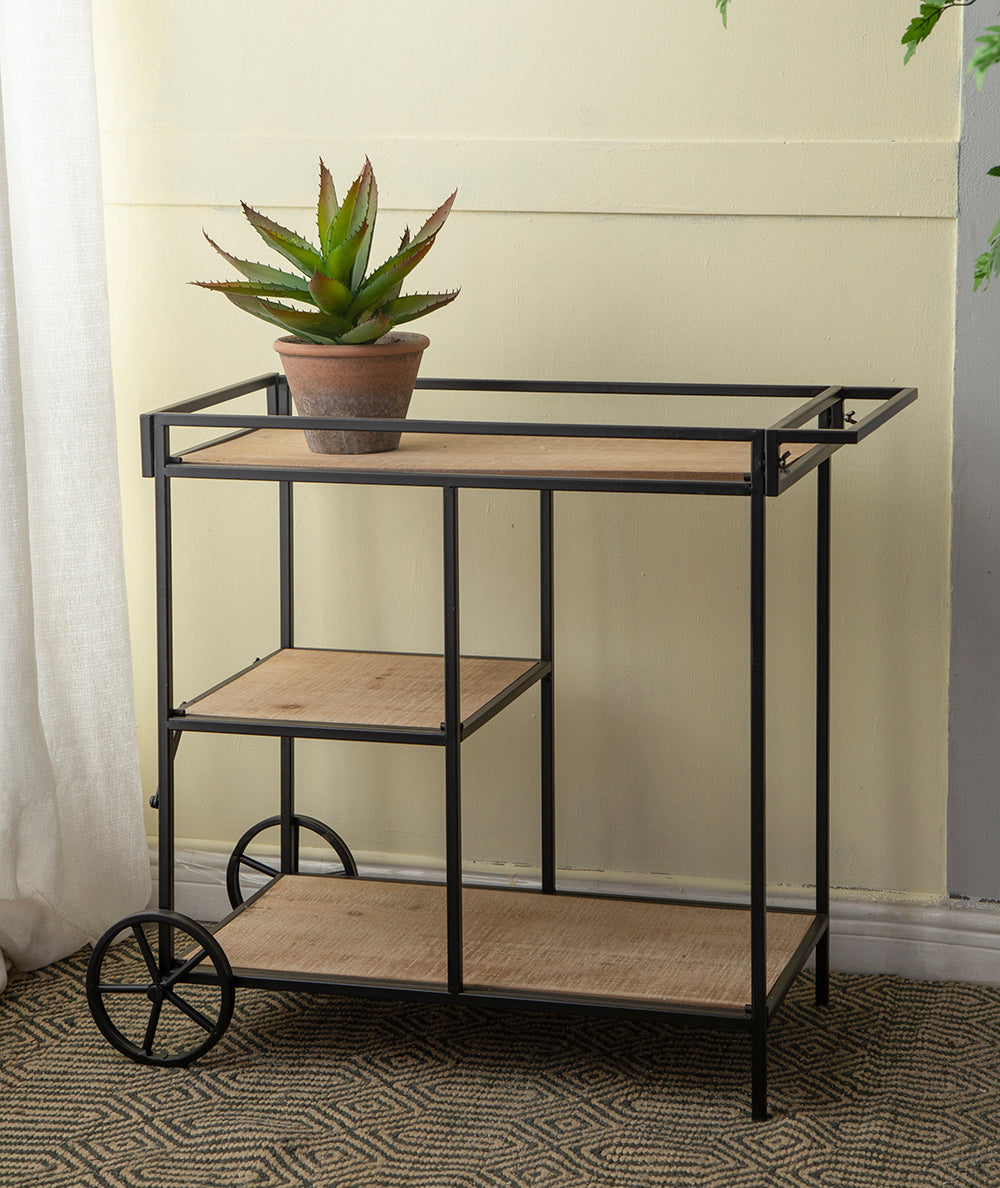 32.3X15.7X26.8" Shelf With Wheel Black Brown Iron