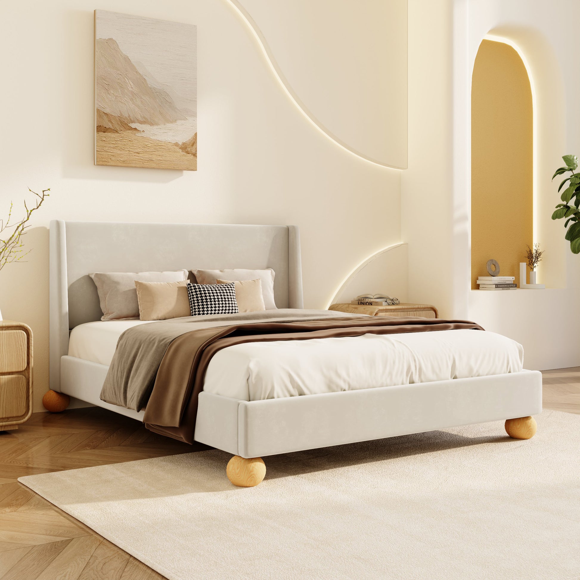 Modern Velvet Upholstered Platform Bed With Wingback Headboard And Round Wooden Legs, Cream,King Size Old Sku:Wf531853Aac Box Spring Not Required King Cream Wood Bedroom Modern Bed Frame Velvet Wood