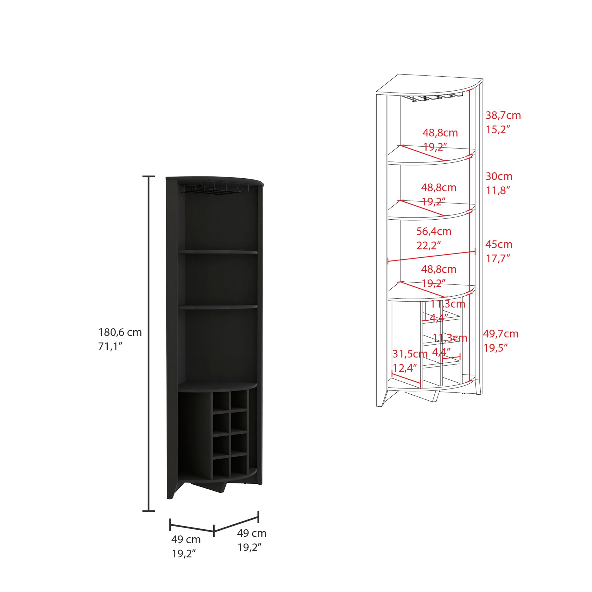 Essential Corner Bar Cabinetthree Shelves, Eight Built In Wine Rack, Two Side Shelves Black Black Dining Room Modern Shelves Included Particle Board