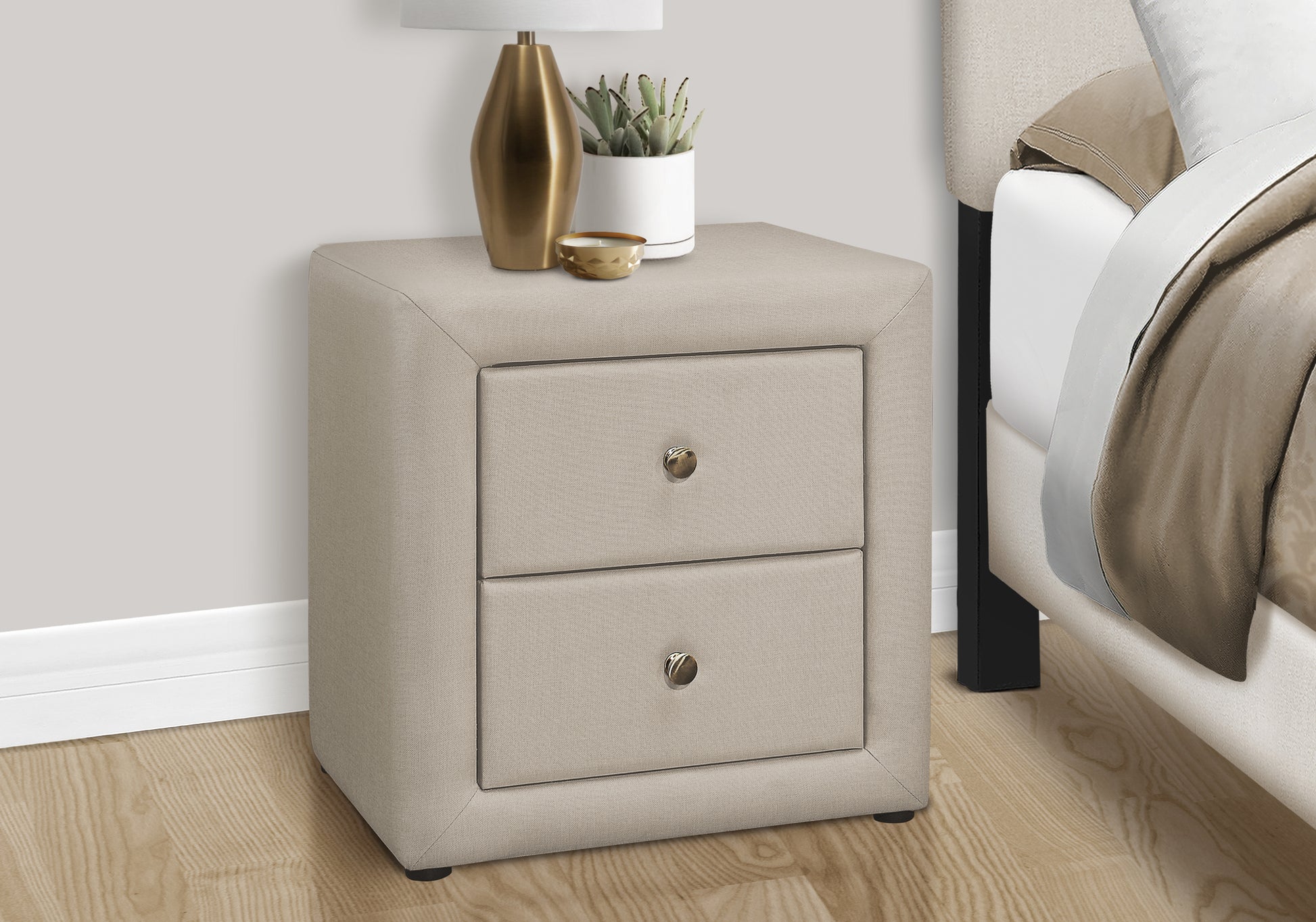 Nightstand, Nightstand, End, Side, Lamp, Storage Drawer, Bedroom, Upholstered, Beige Linen Look, Transitional Beige Mdf