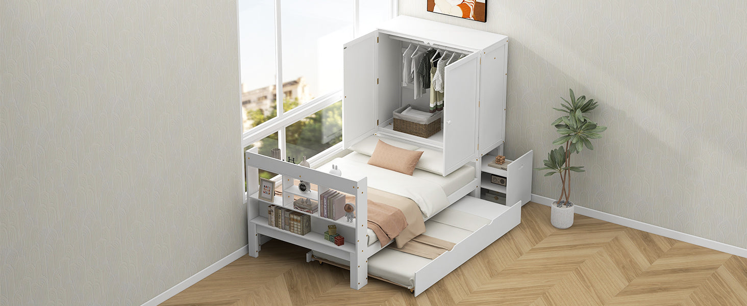 Twin Size Platform Bed With Storage Headboard And Footboard, Pull Out Shelves And Twin Size Trundle, White Box Spring Not Required Twin White Wood Bedroom Bed Frame Solid Wood Mdf