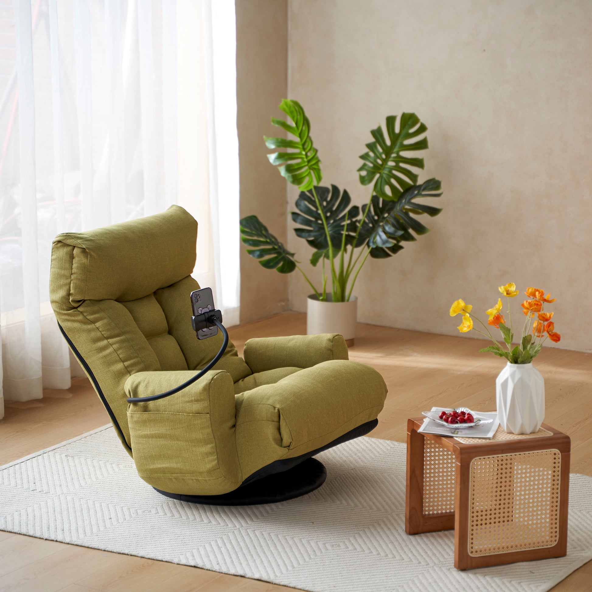 Adjustable Head And Waist, Game Chair, Lounge Chair In The Living Room, 360 Degree Rotatable Sofa Chair,Rotatable Seat Leisure Chair Deck Chair Green Metal Soft Cotton Metal