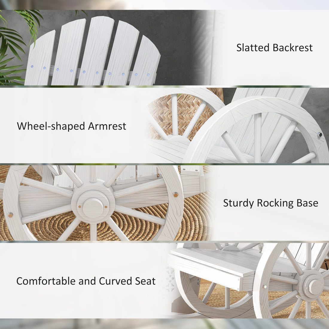 Outsunny Wooden Rocking Chair, Adirondack Rocker Chair W Slatted Design And Oversized Back, Outdoor Rocking Chair With Wagon Wheel Armrest For Porch, Poolside, And Garden, White White Wood