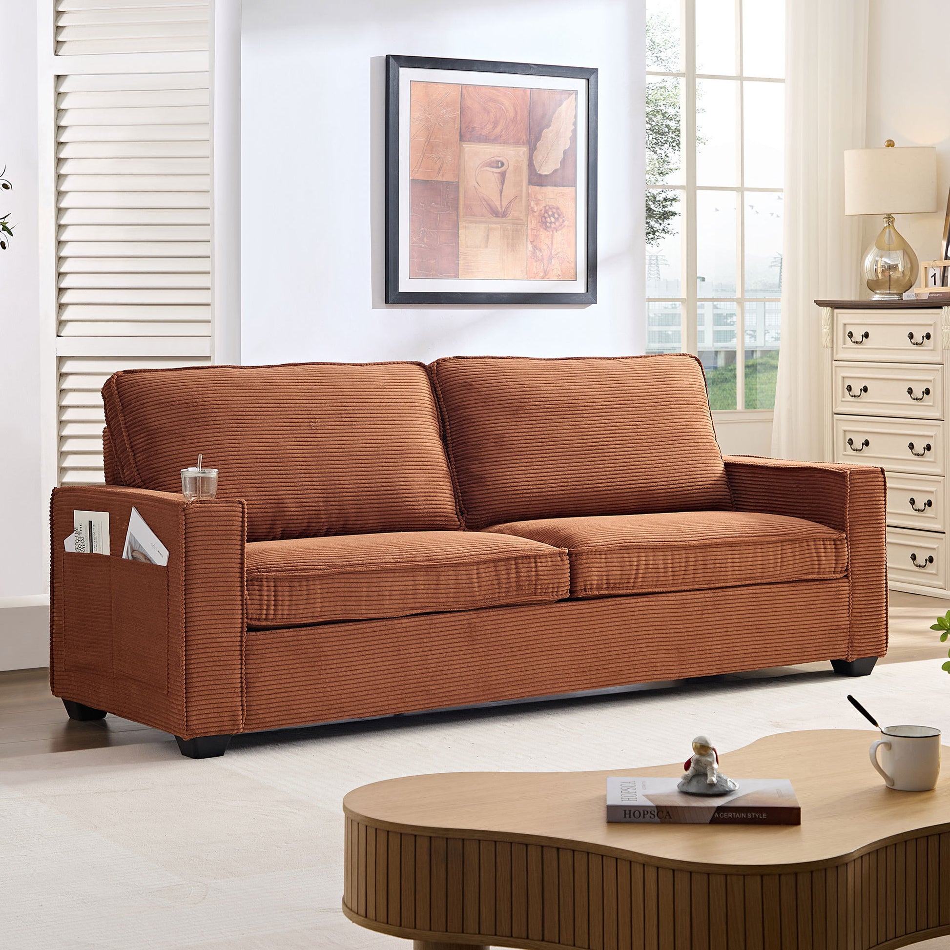 Corduroy Sofa, 87.4 Inch Modern Design Sofa With Cup Holder And Storage Bags, Deep Seat Sofa Couch,Comfy Couch For Living Room,Apartment,Brown Brown Corduroy 3 Seat