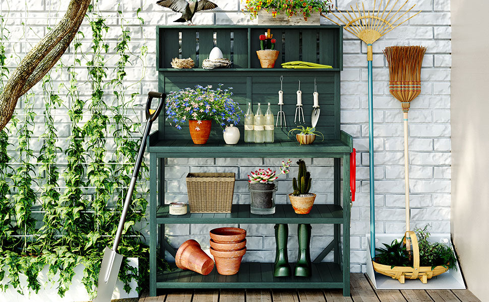 65" Large Wooden Farmhouse Rustic Outdoor Potting Bench Table, Patio Workstation, Garden Potting Bench With 4 Storage Shelves And Side Hook, Forest Green Green Garden & Outdoor Casual Wood Solid