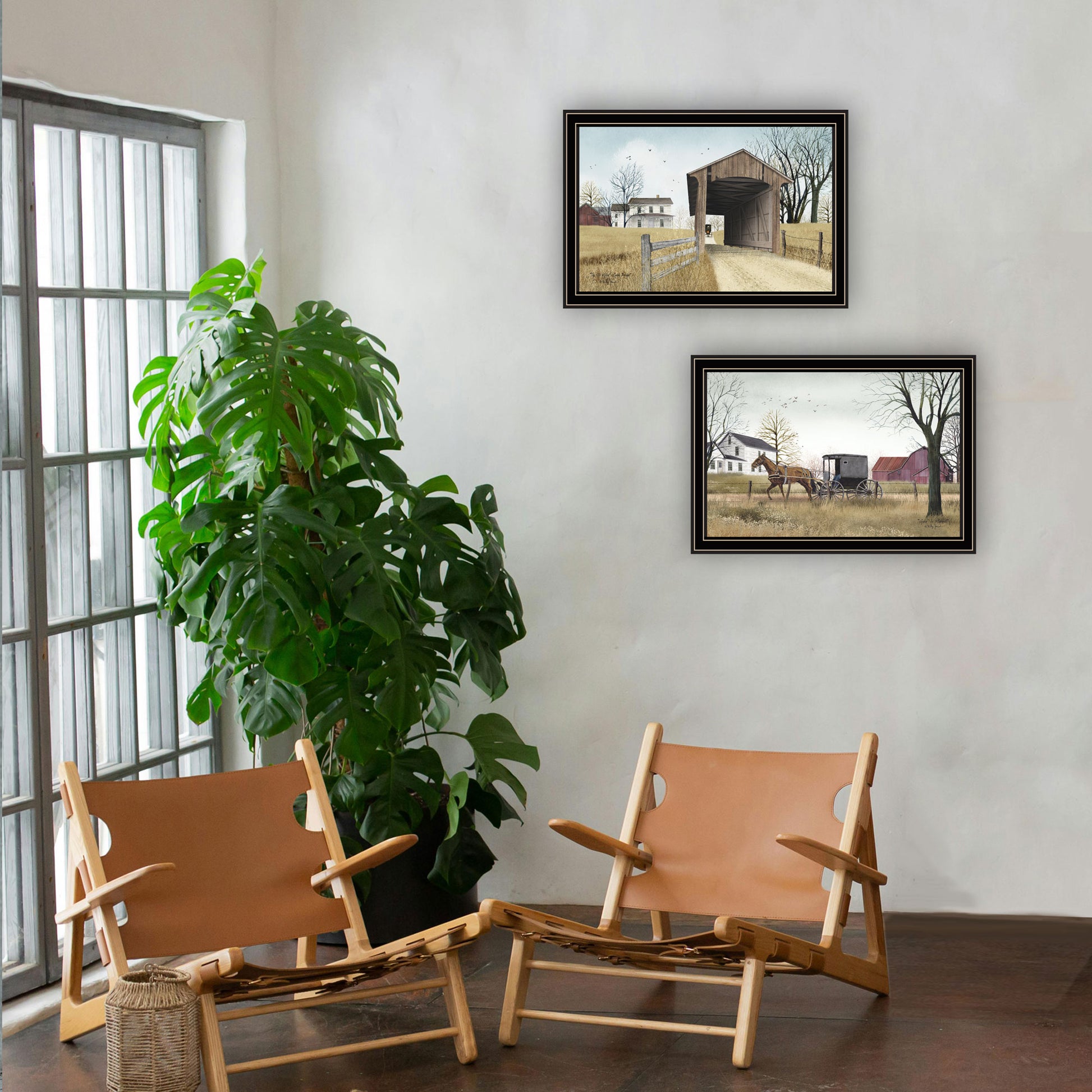 2 Piece Vignette Miller'S Creek Bridge, Going To Market Black Framed Wall Art For Living Room, Bedroom Wall Art Print For Home Decor By Billy Jacobs Multicolor Wood Paper