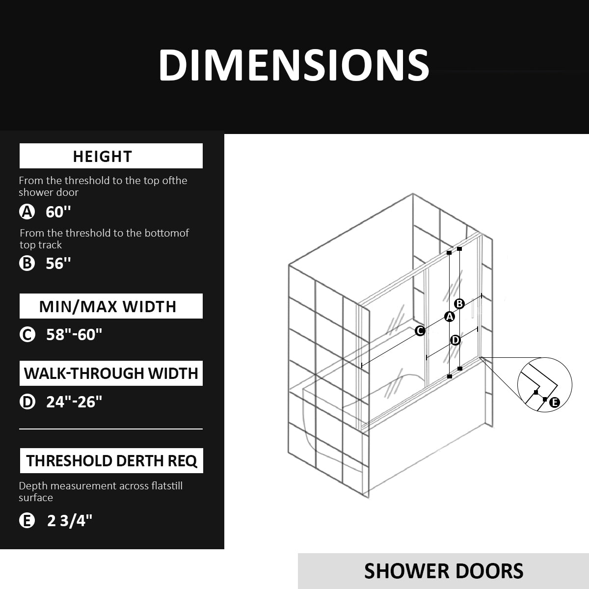 58 60" W X 60" H Frameless Sliding Bathtub Door, Tub Shower Door, Bathtub Glass Door, Bathtub Shower Door, 1 4" 6Mm Certified Clear Tempered Glass, Matte Black Matte Black Stainless Steel