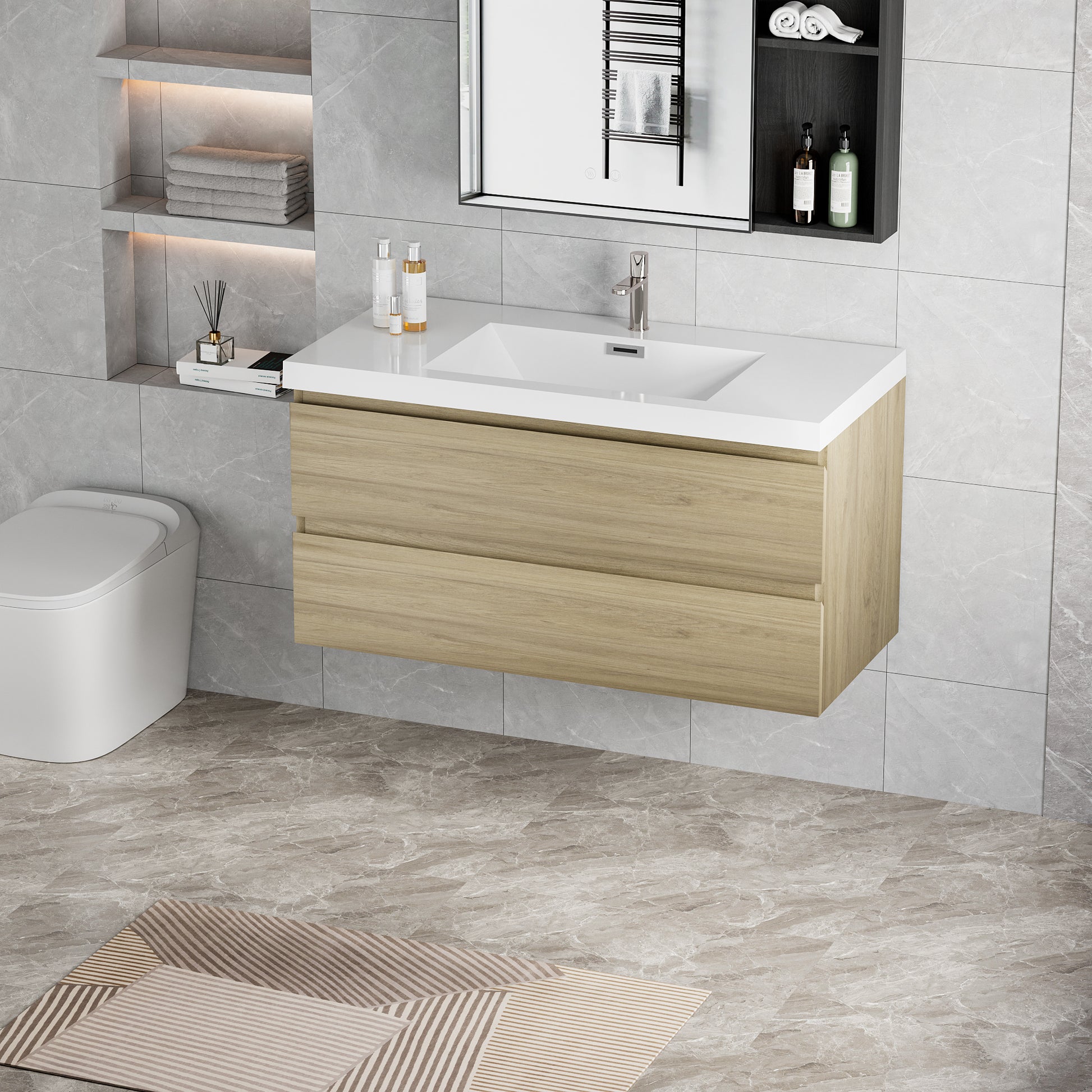 42" Floating Bathroom Vanity With Sink, Modern Wall Mounted Bathroom Storage Vanity Cabinet With Resin Top Basin And Soft Close Drawers, Natural Oak 24V11 42No 2 Oak Bathroom Wall Mounted Wood