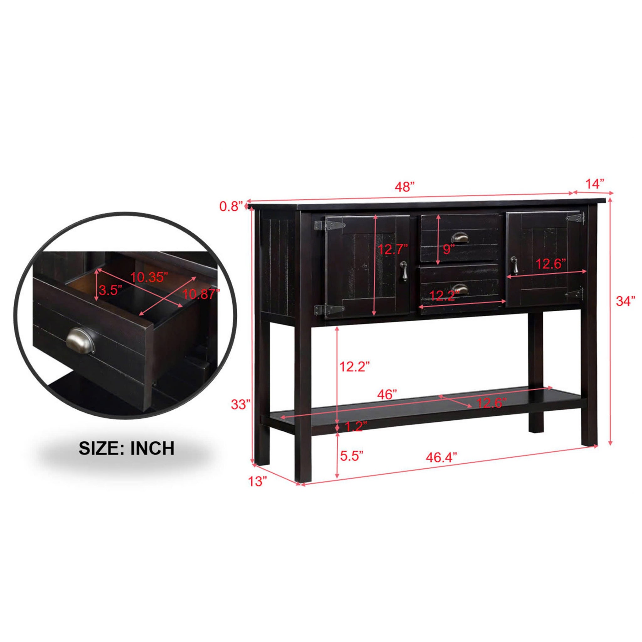 48'' Solid Wood Sideboard Console Table With 2 Drawers And Cabinets And Bottom Shelf, Retro Style Storage Dining Buffet Server Cabinet For Living Room Kitchen Dining Room Espresso Espresso Primary