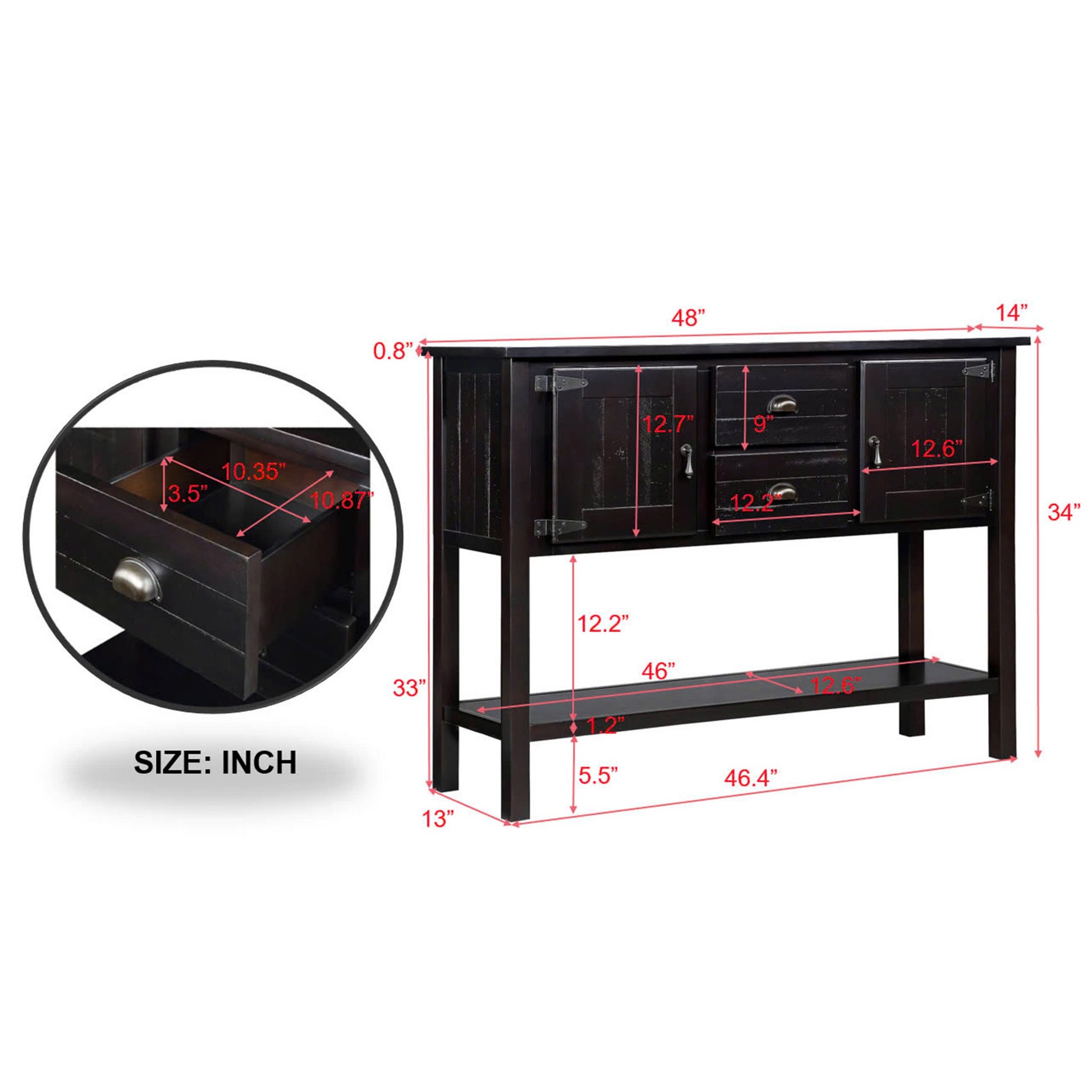 48'' Solid Wood Sideboard Console Table With 2 Drawers And Cabinets And Bottom Shelf, Retro Style Storage Dining Buffet Server Cabinet For Living Room Kitchen Dining Room Espresso Espresso Primary