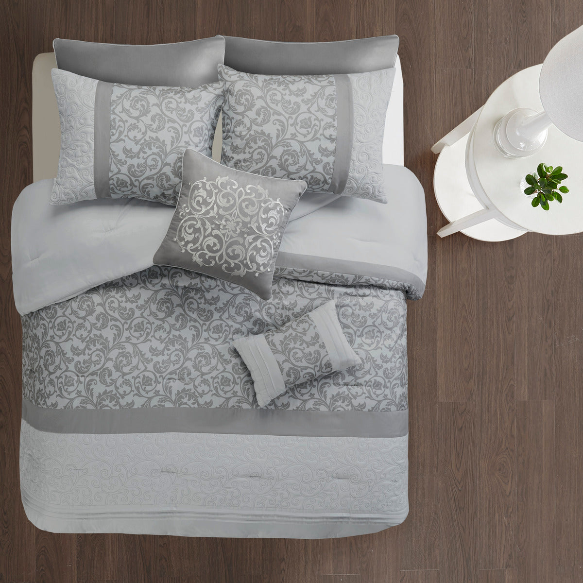 Embroidered 8 Piece Comforter Set Grey King King Grey Polyester