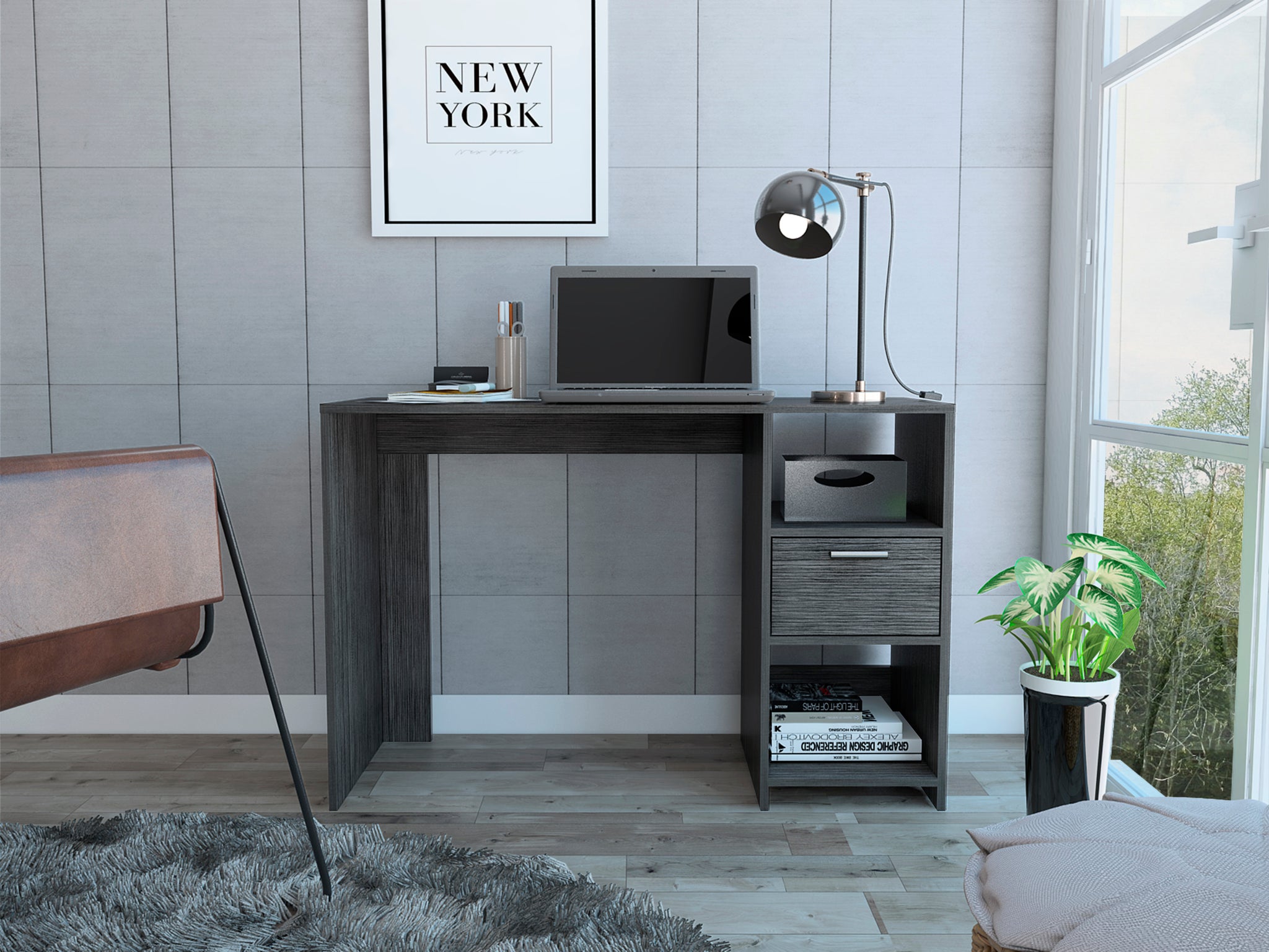 Arlington Writing Computer Desk, One Drawer, Two Shelves Gray Computer Desk Office Contemporary Rectangular Drawers Computer Tables Rectangular Melamine Engineered Wood