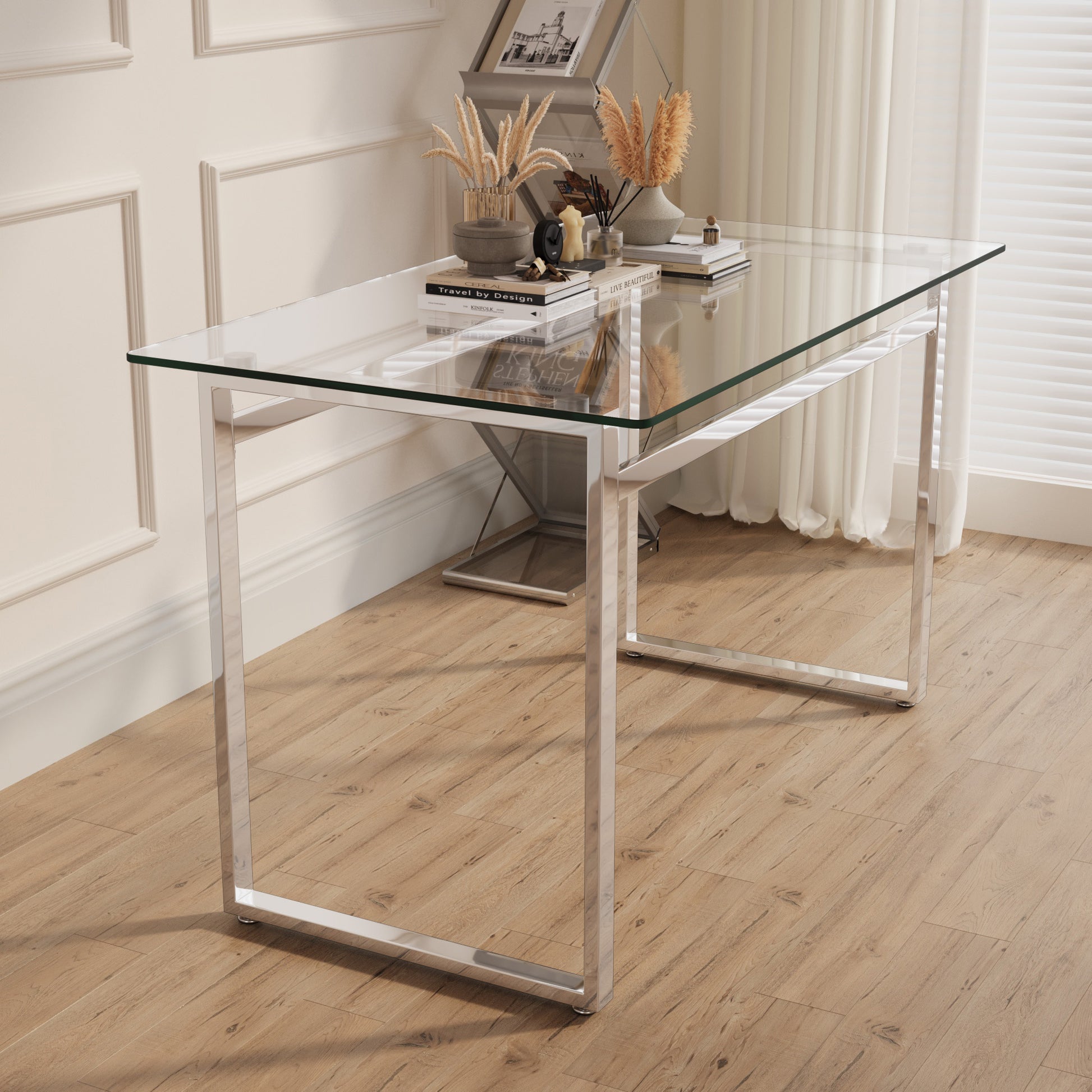 Modern Minimalist Rectangular Glass Dining Table For 4 6 With 0.31" Tempered Glass Tabletop And Silver Chrome Metal Legs, Writing Table Desk, For Kitchen Dining Living Room, 51" W X 27"D X 30" H Transparent Glass Glass
