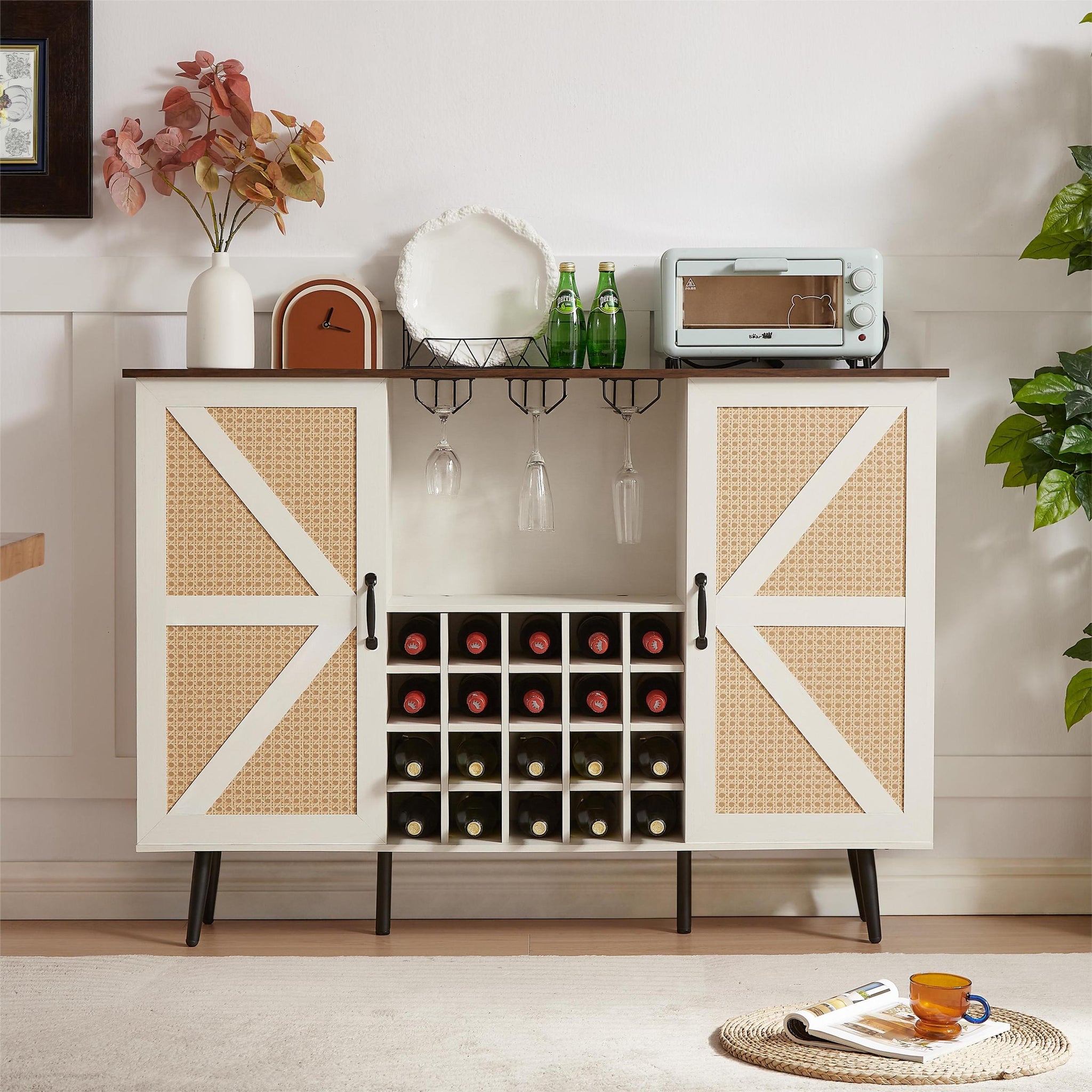 White Faux Rattan Barn Door Wine Cabinet With Wine Rack And Wine Glass Rack, Double Door Design With Removable Shelves, Rustic Wood Storage Cabinet White Walnut Particle Board Mdf