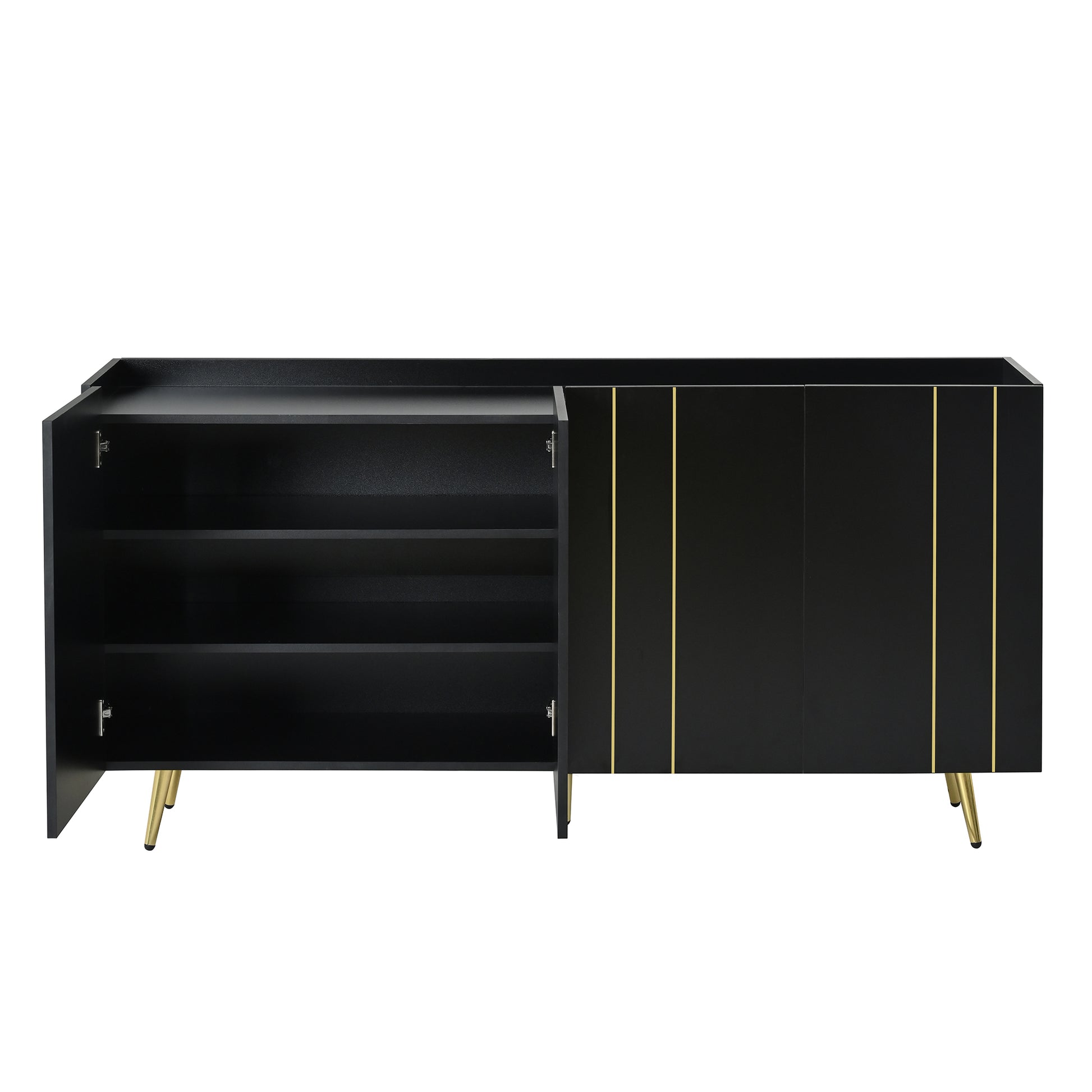 Luxurious Shoe Cabinet With 5 Metal Legs, Modern Tv Stand With 4 Adjustable Shelves For Tvs Up To 70", Minimalist Sideboard Cabinet With Gold Lines Doors For Living Room,62.9"X 31.4",Black Black